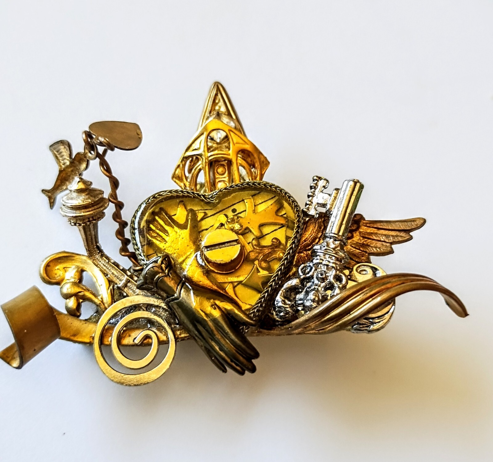 1980s Maximal Art John Wind Heart Brooch w/ Hand, Key & Charms
