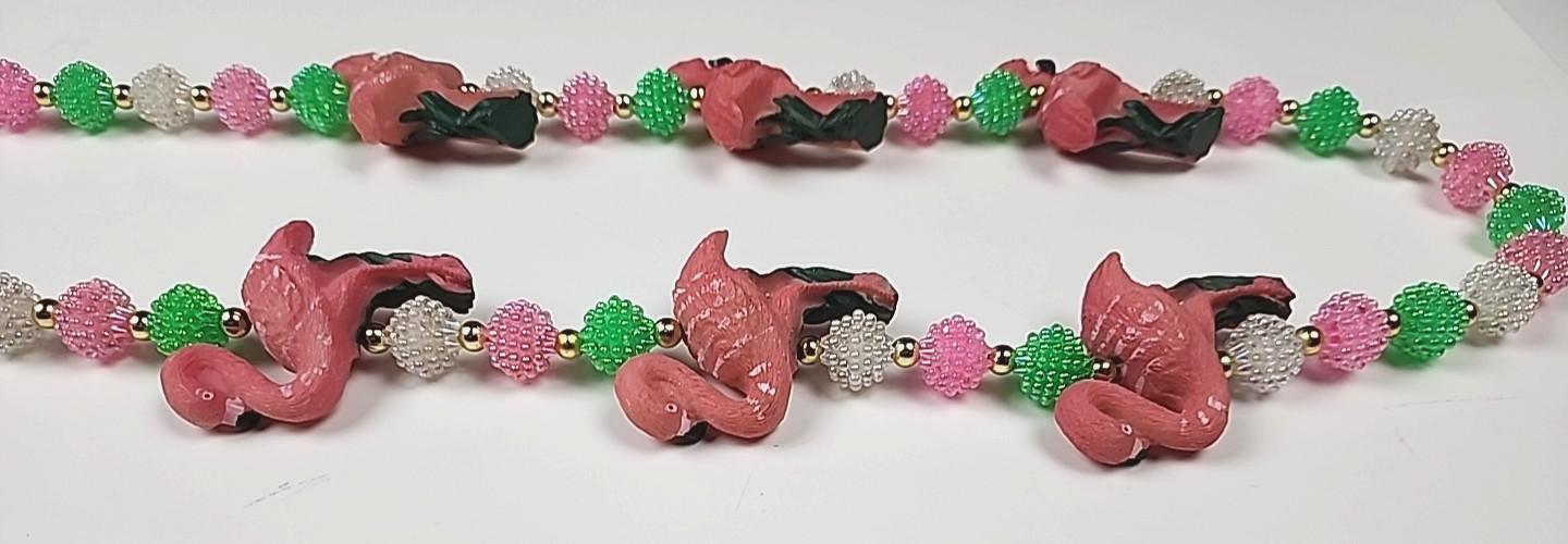 VTG Pastel Resin POPCORN Beaded Flamingo Necklace Pink Green FUN witty Wear