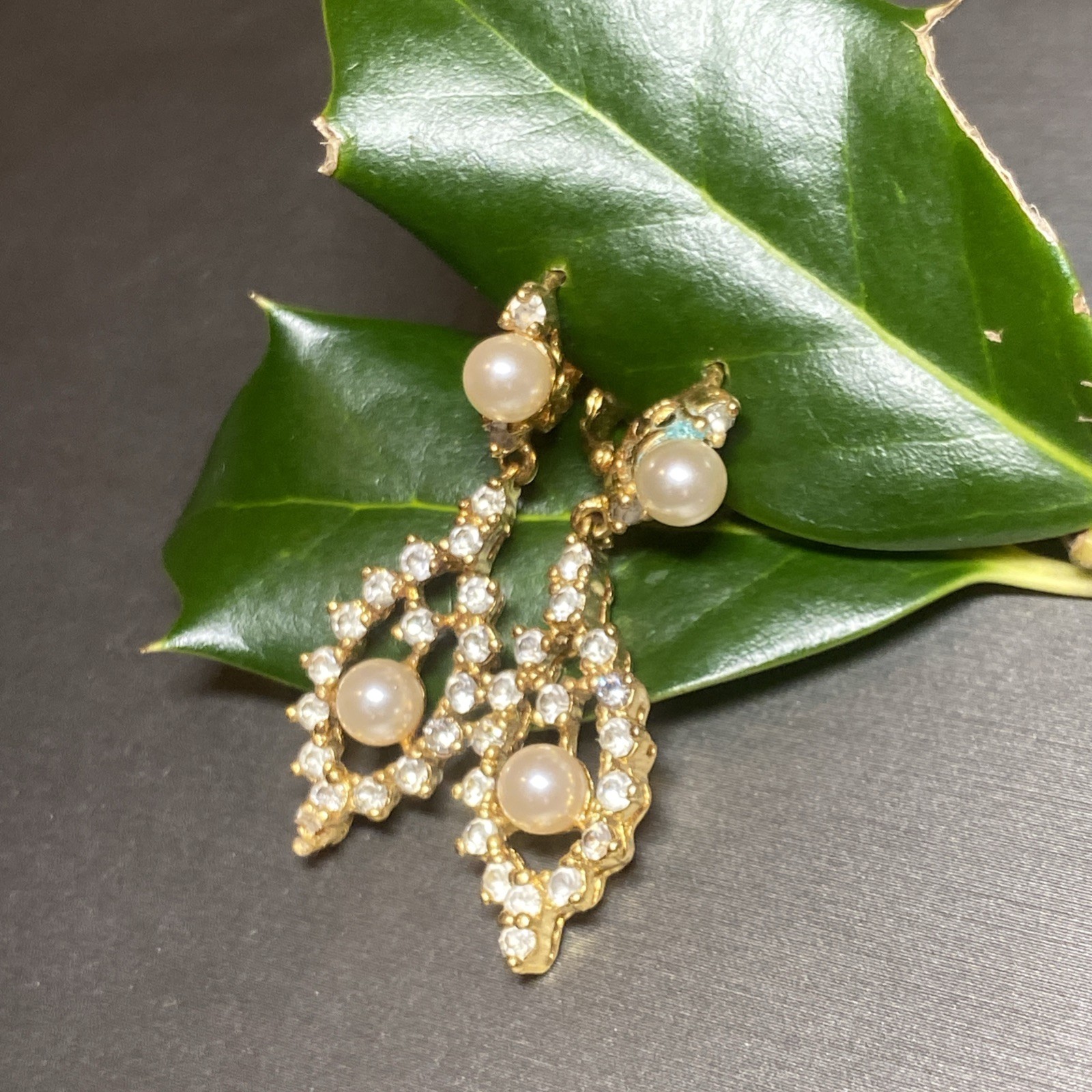 Vintage Pearl Earrings Estate Jewelry Pre-owned Gold Plated Crystal Lozenge Drop