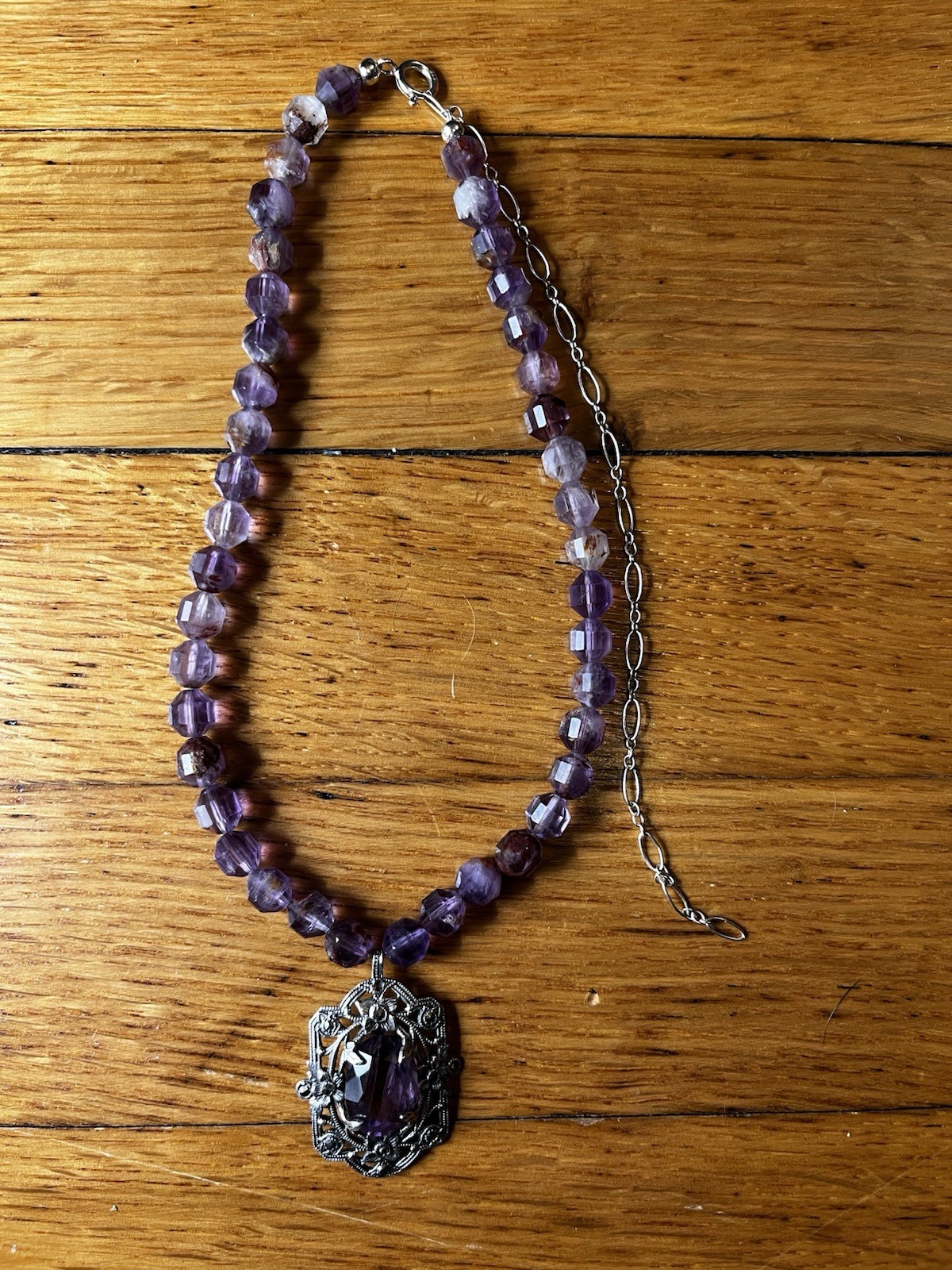 Vintage Sterling Silver Amethyst Art Nouveau Style Pendant On Super Seven Beads