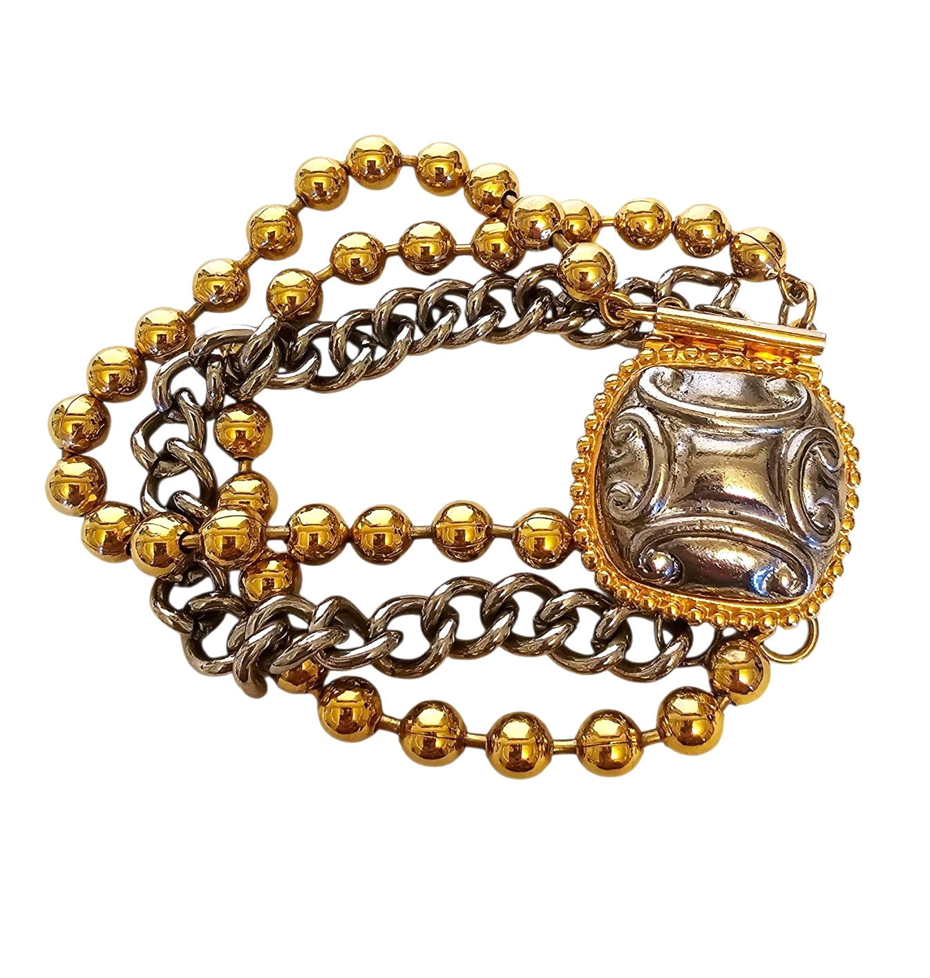 Vintage Gold and Slver Tone 3 Strand Ball Chain Link Chunky Clasp Bracelet