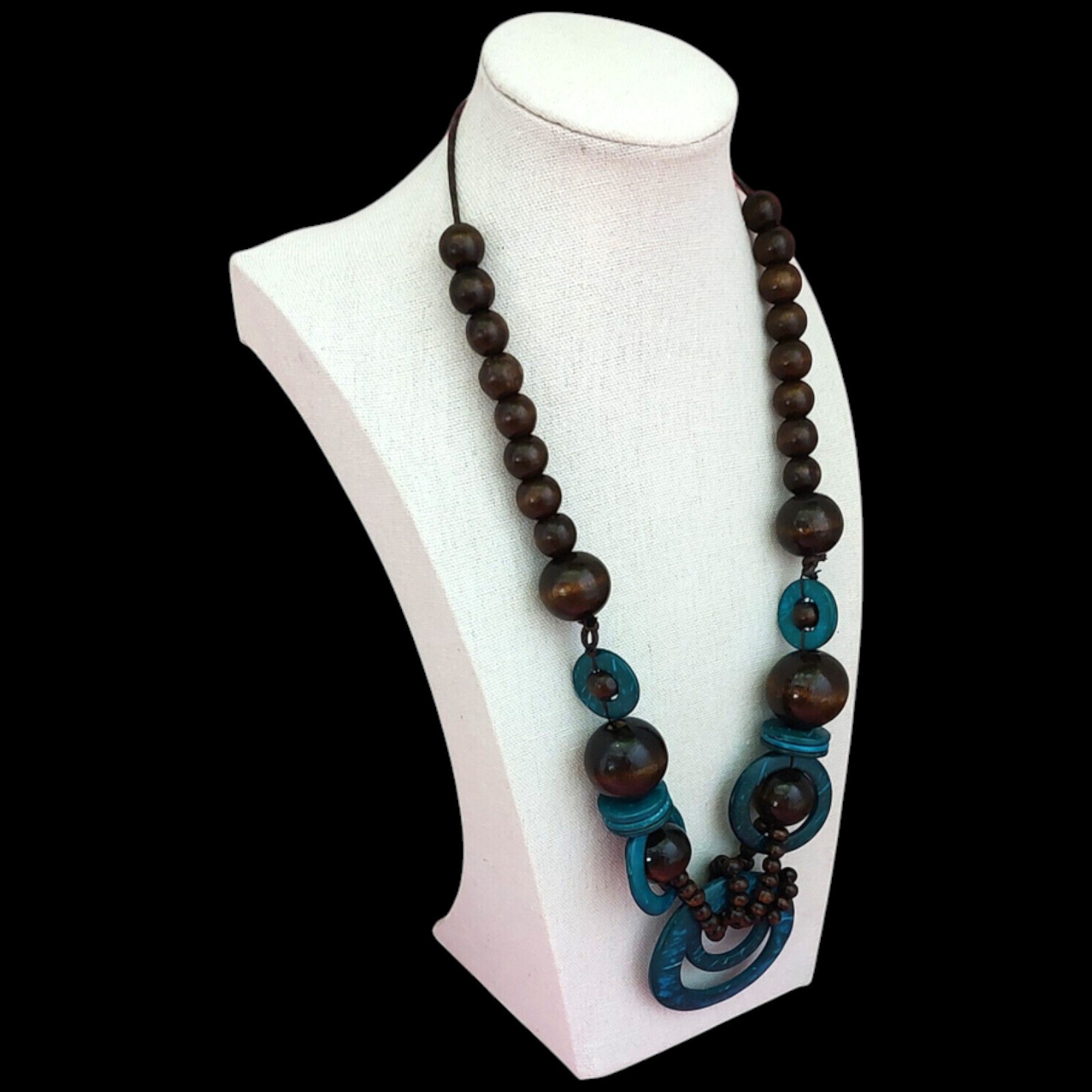 VTG Long Chunky Boho Natural Teal Beaded Bohemian Earthy Statement Necklace 19″
