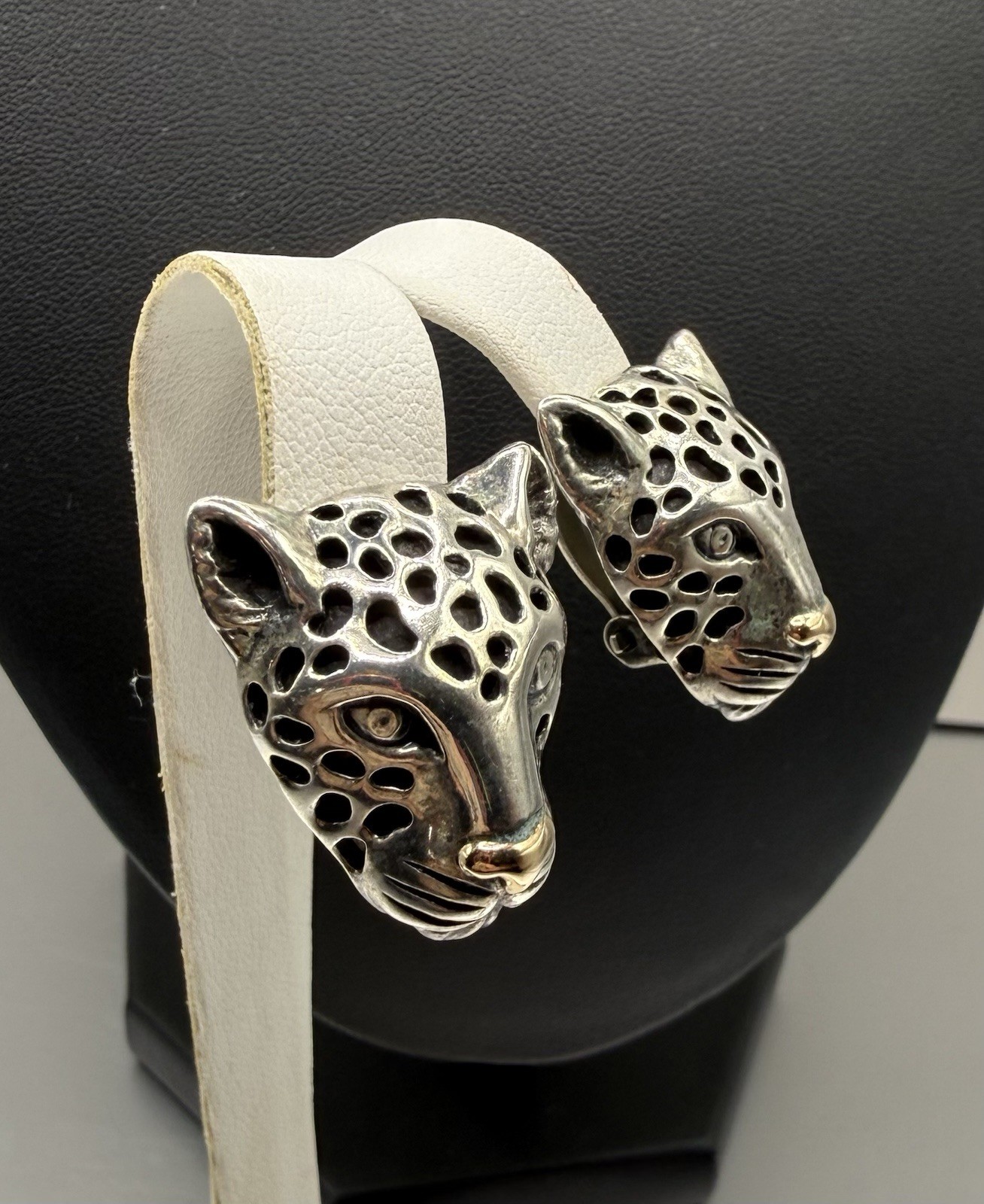 Dian Malouf Sterling Silver 925 & 14k Gold Leopard Head Clip on Earrings