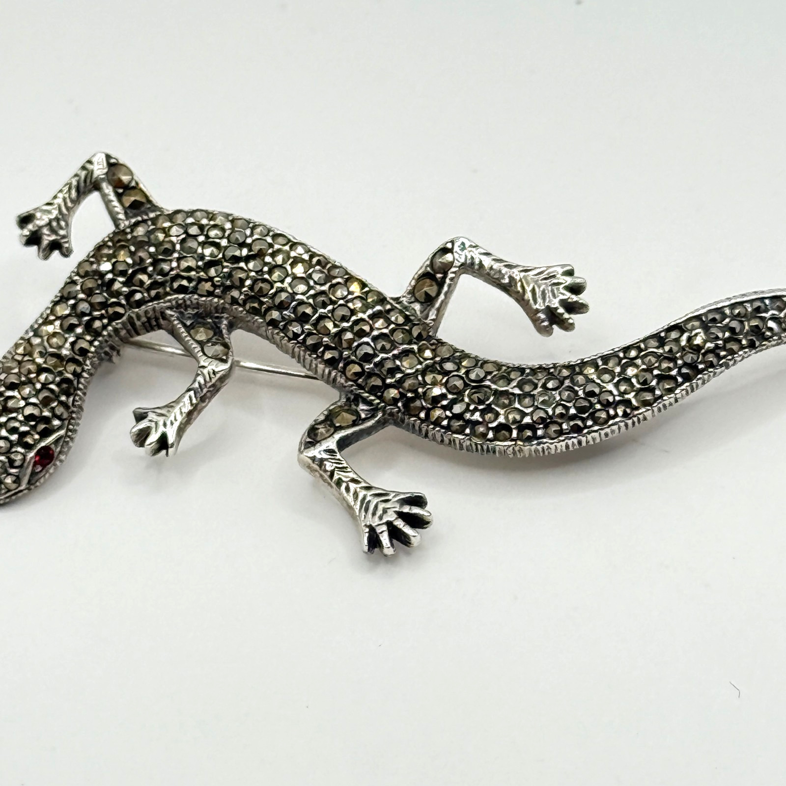 Vintage Marcasite Gem Lizard Pin Brooch 925 Sterling Silver Signed FJ 12.58g