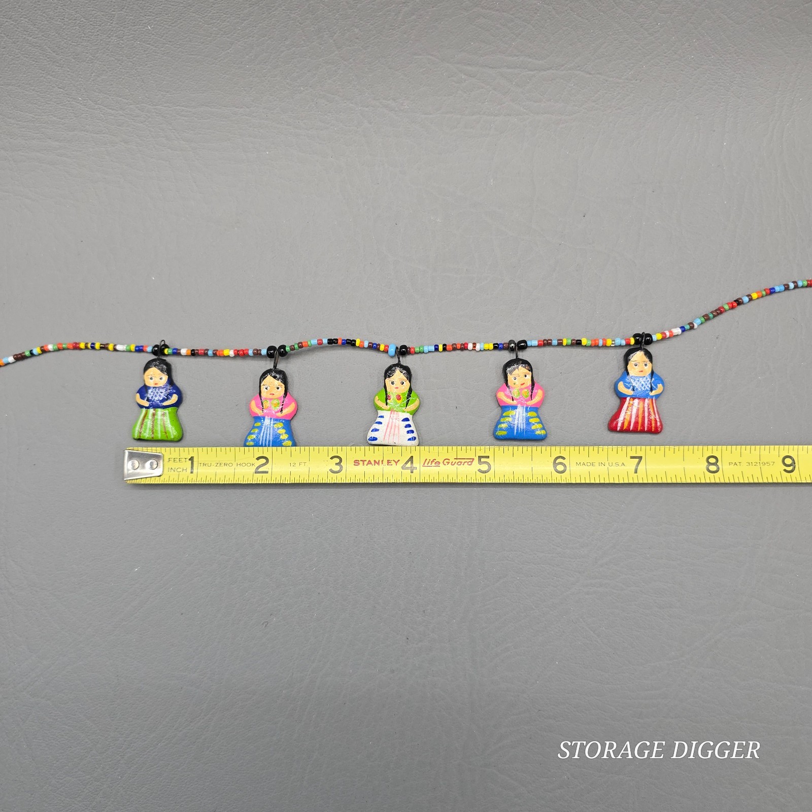 Vintage Folk Art Ceramic Doll Charm Necklace Multicolor Seed Bead Handmade 19″