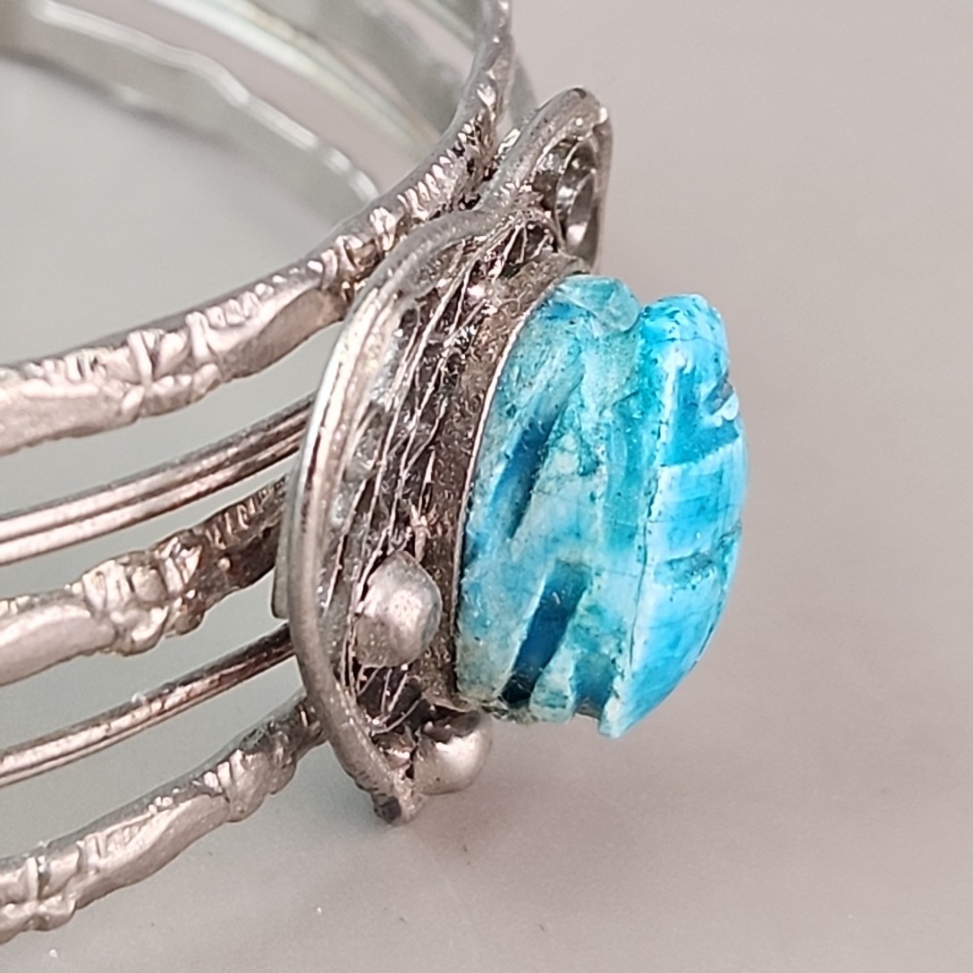 Scarab Cuff Bracelet Faience Blue Clay Wire Heart Silver Tone 7.75″