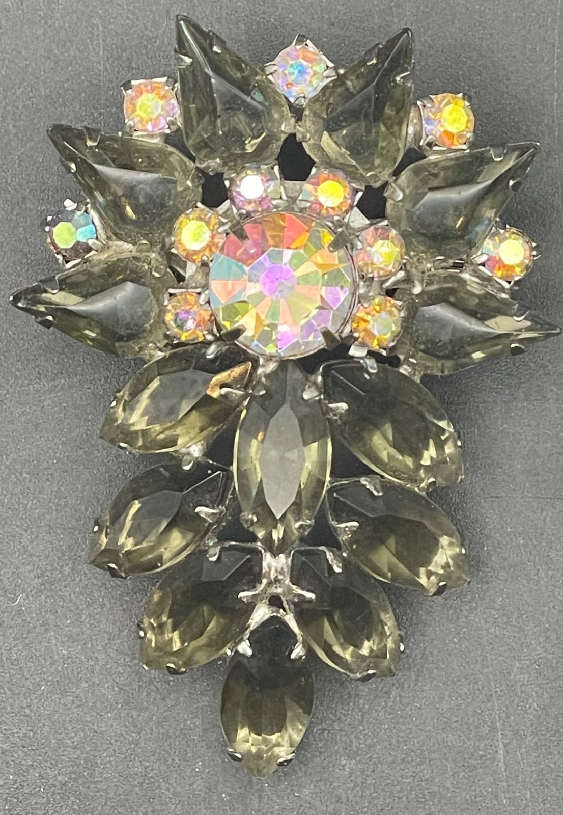 Vintage Czech Brooch, Large Brooch with Rhinestone, Aurora Borealis Brooch