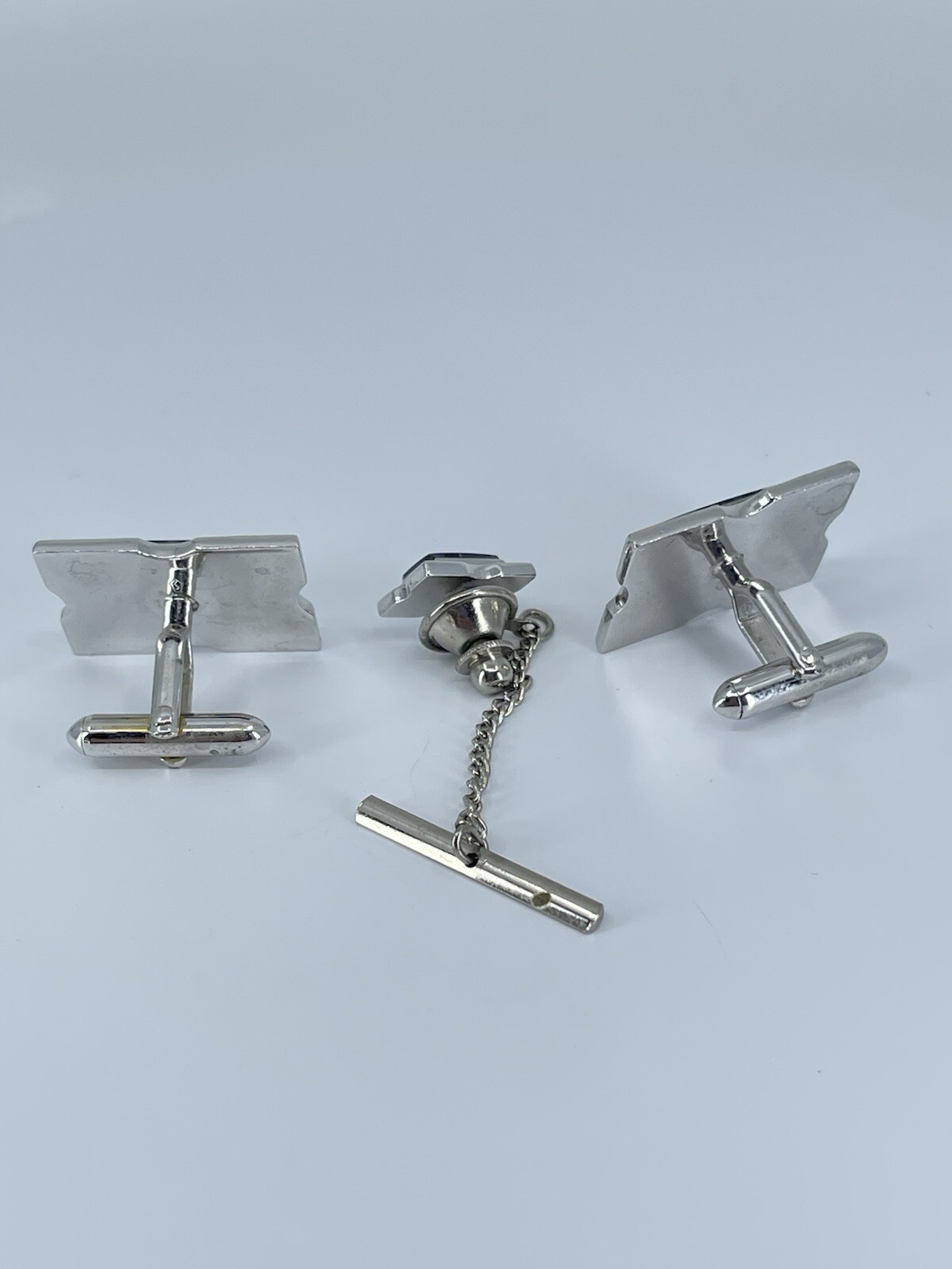 Swank Cufflink and Tie Tack set Jadeite rectangle silver tone 3/4″