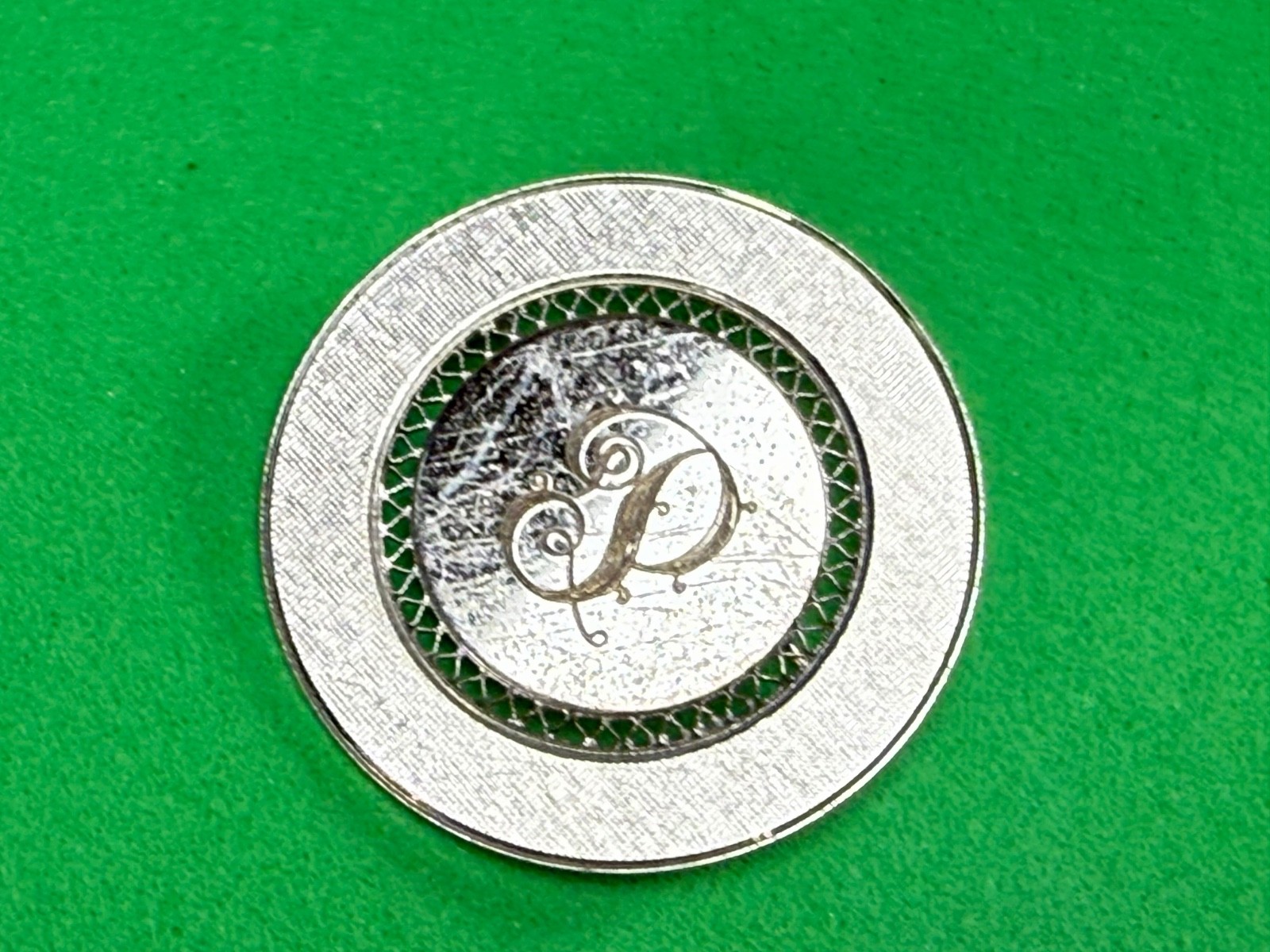 Initial Letter P ? Calligraphy On Vintage Sterling Silver Round Disc Brooch
