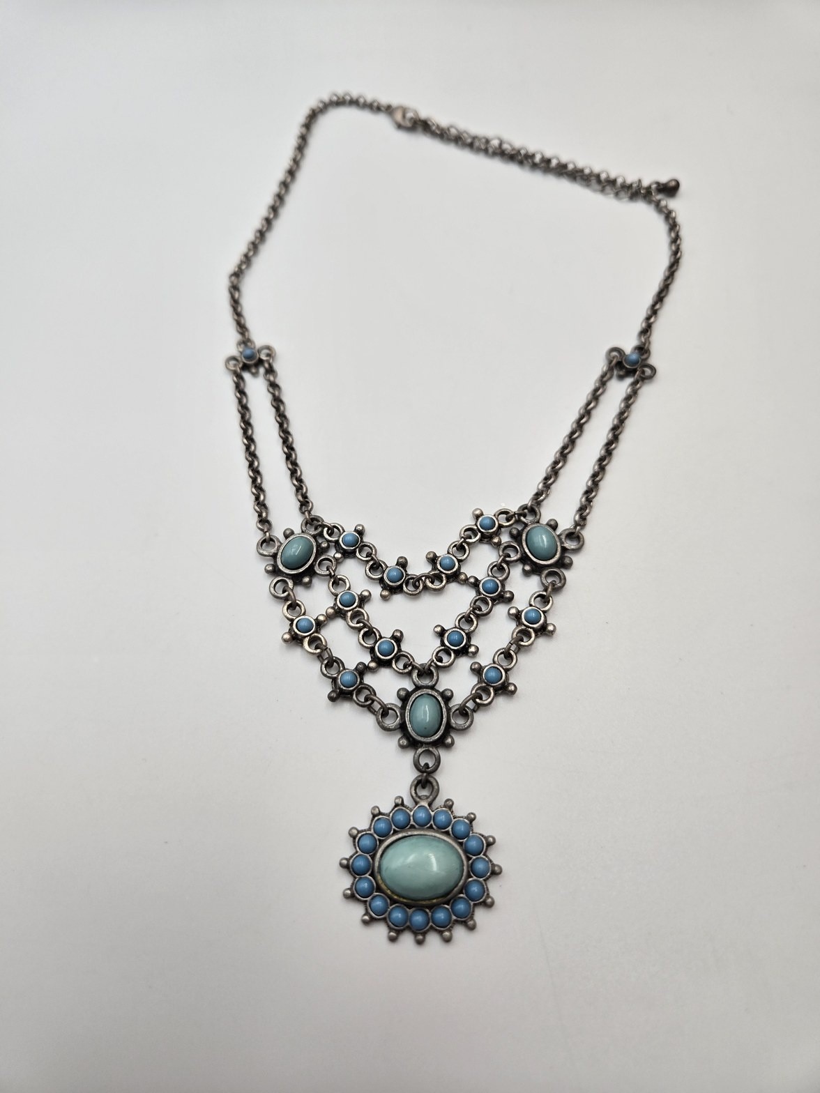 Vintage NR Silver Tone Faux Turquoise Bib Festoon Pendant Necklace festival boho