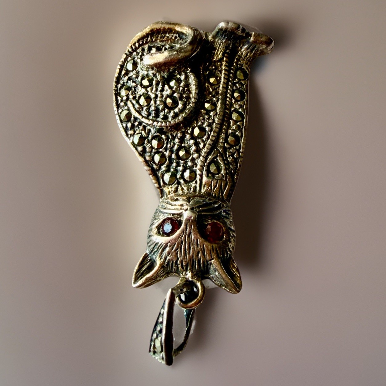 Vintage Sterling Silver 925 Cat Marcasite Pendant With Red Garnet Eyes 1.5”, 6g