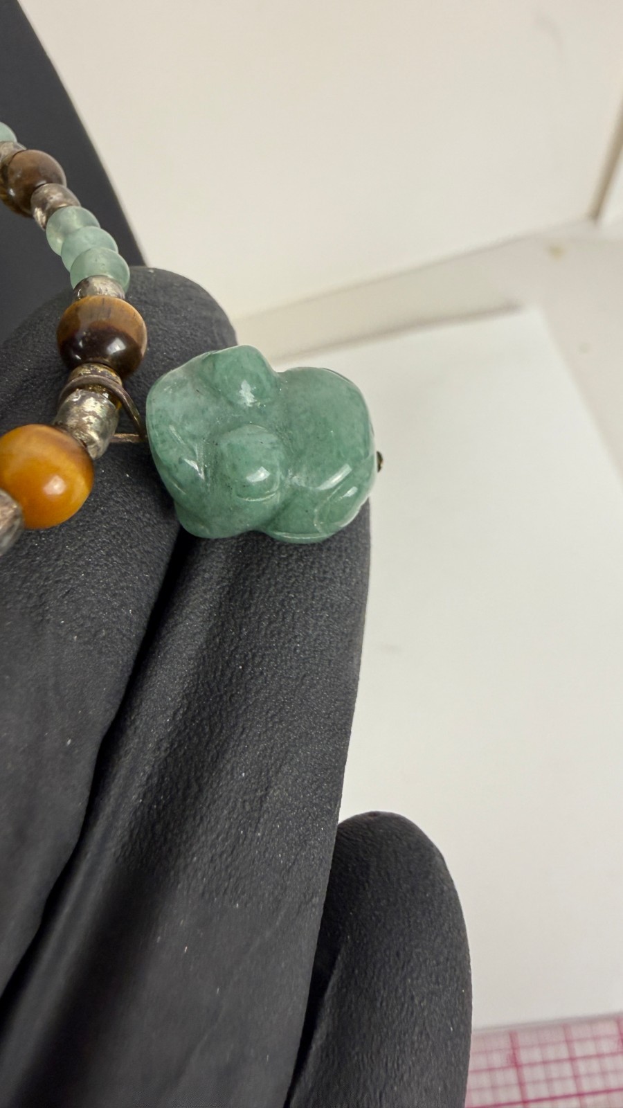 Green Aventurine & Tiger’s Eye Beaded Necklace | Carved Stone Frog Pendant 18″