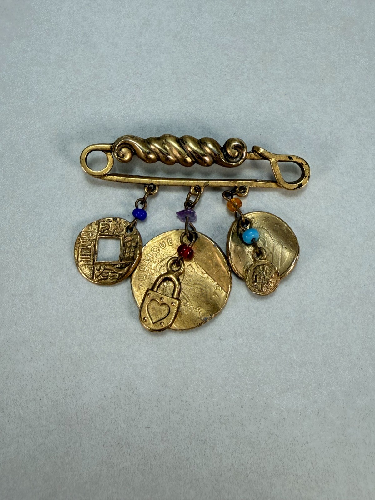 Vintage Brooch Pin Dangling Gemstone Crystal Coins