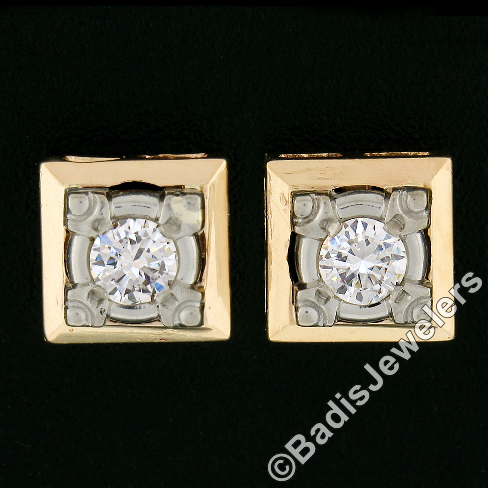 Vintage TT Gold .35ct Round Brilliant Diamond Polished Square Stud Earrings