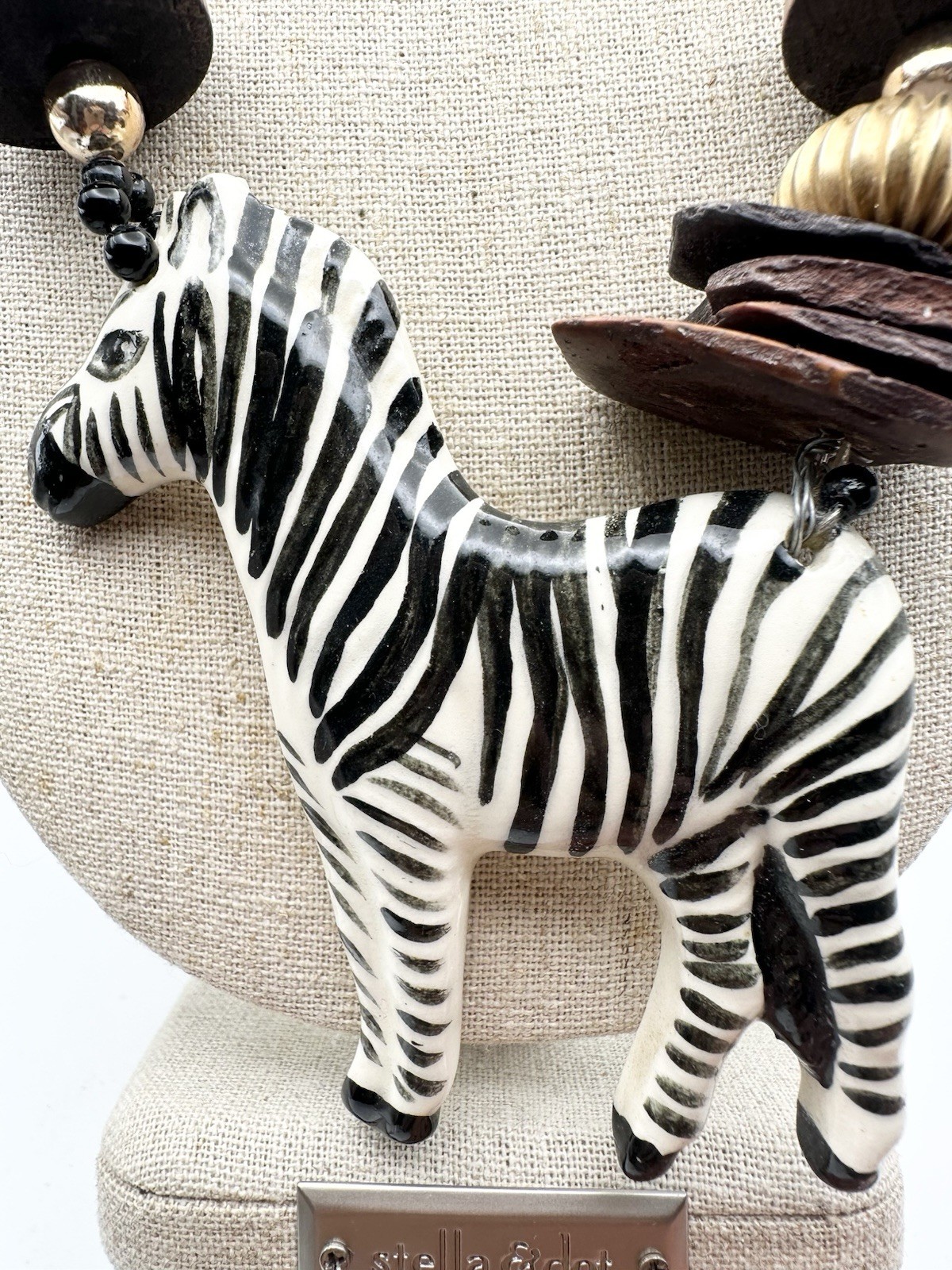Vintage Ceramic Zebra Wood Bead Necklace 22”