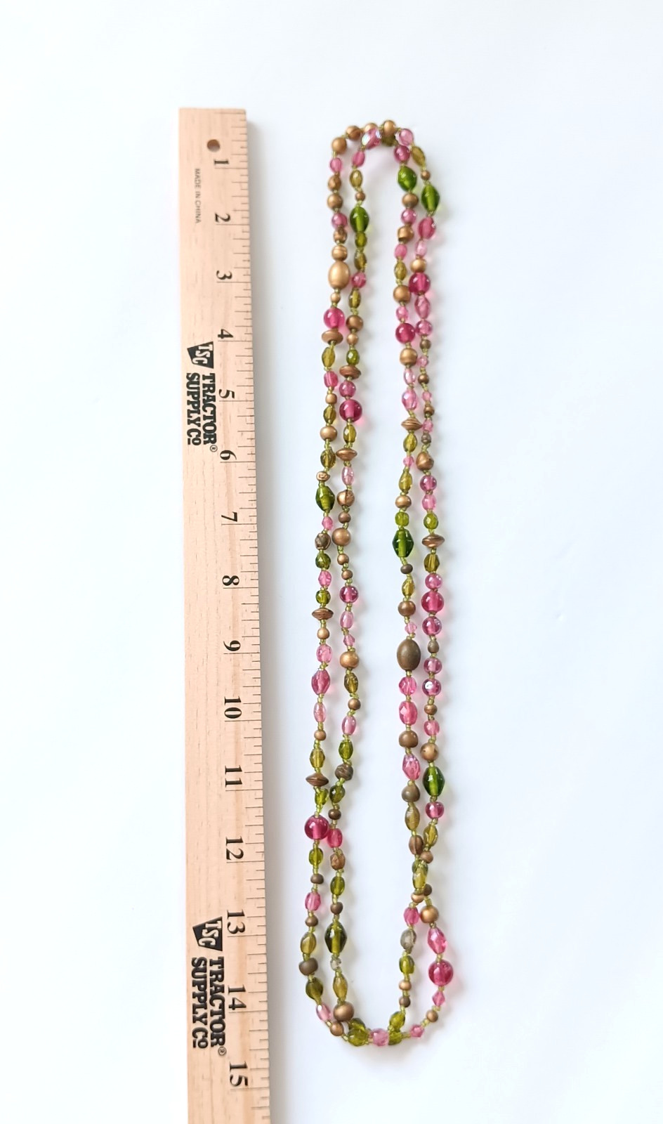 Gold Tone Pink and Green Beaded Necklace. Very Nice