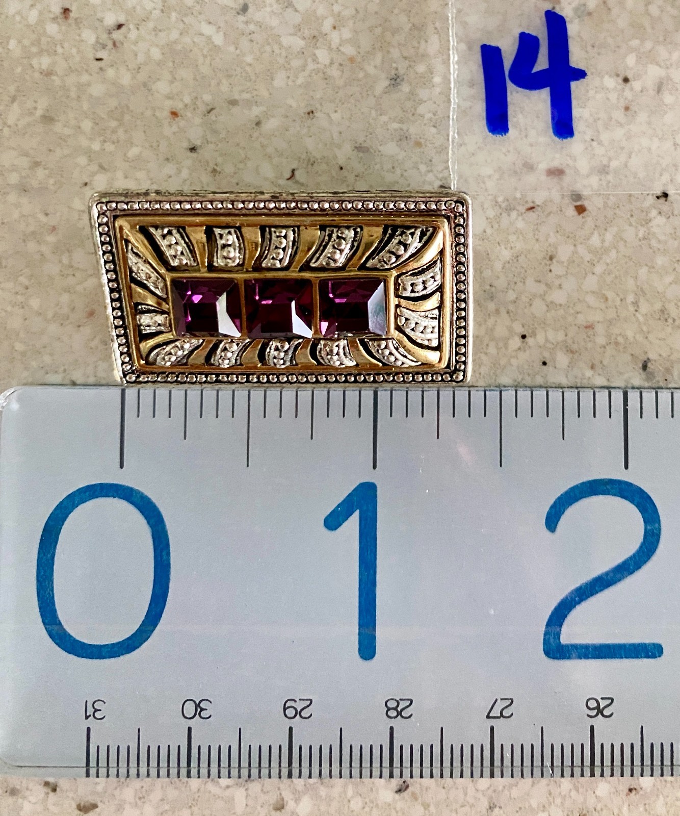 Vintage Art Deco Style Gilt Brooch Purple Rhinestone Silver & Gold Tone Filigree
