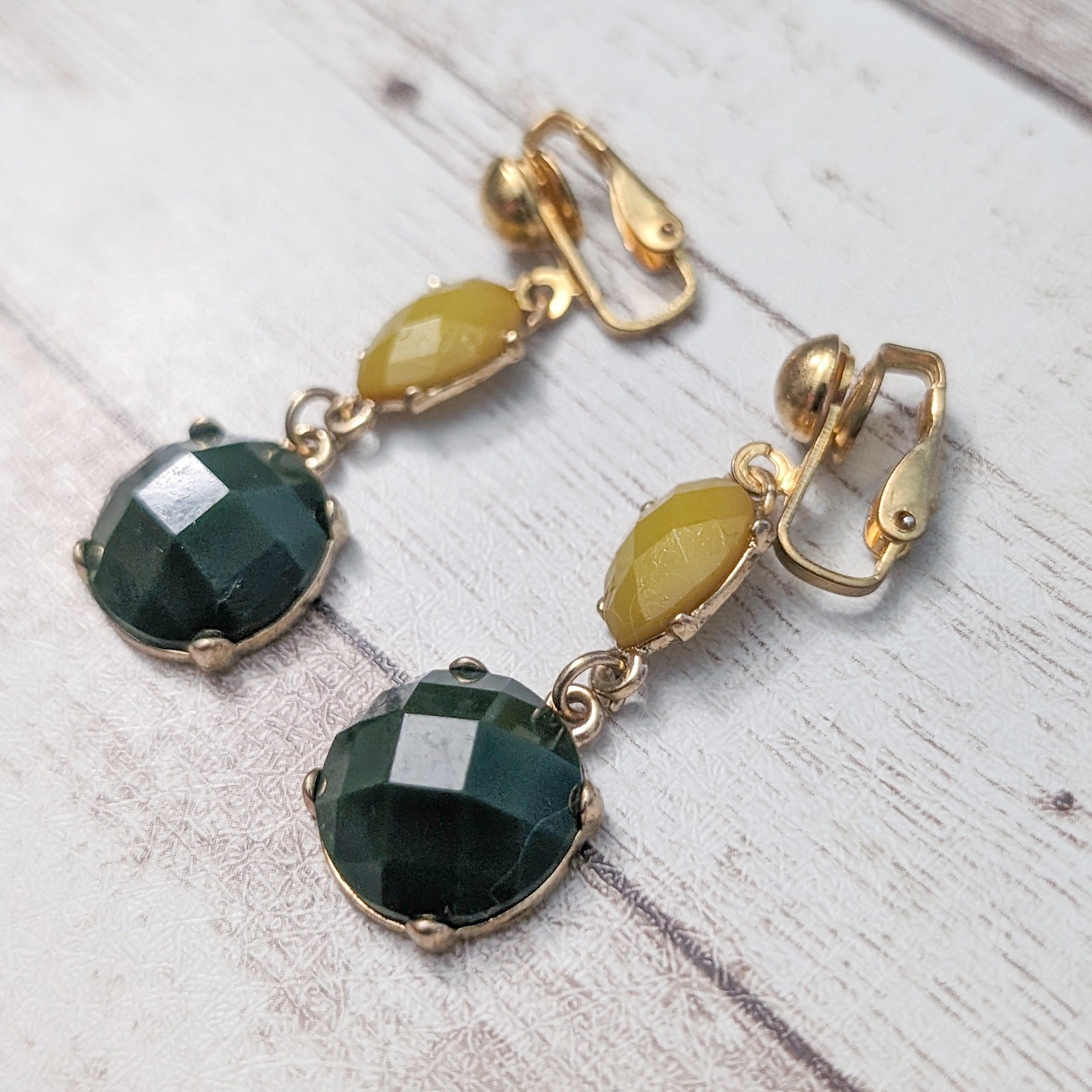 Vintage Clip On Earrings Dark Green and Dusky Yellow