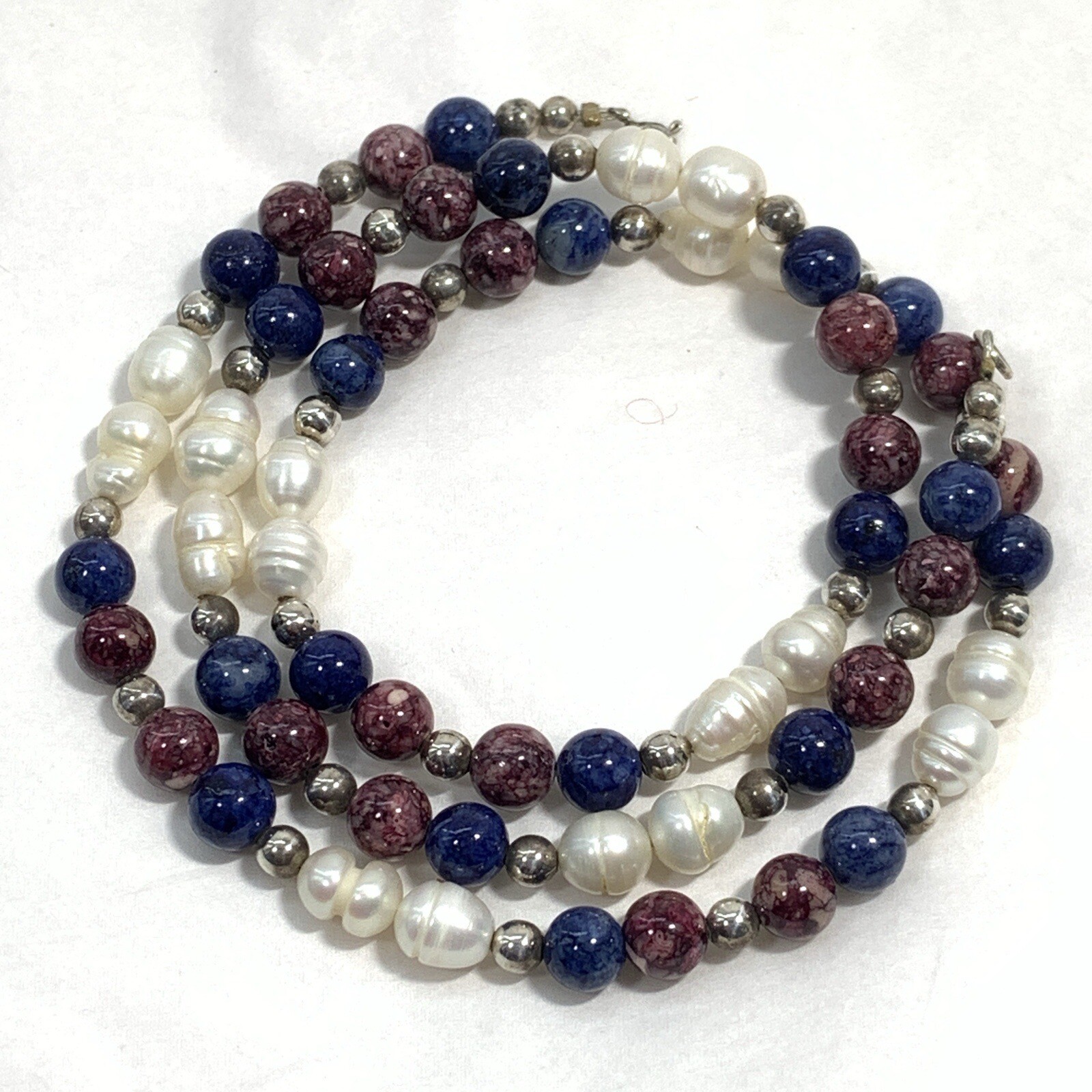 Vintage 925 Sterling Silver Freshwater Pearl Stone Bead Necklace Purple Blue 20″