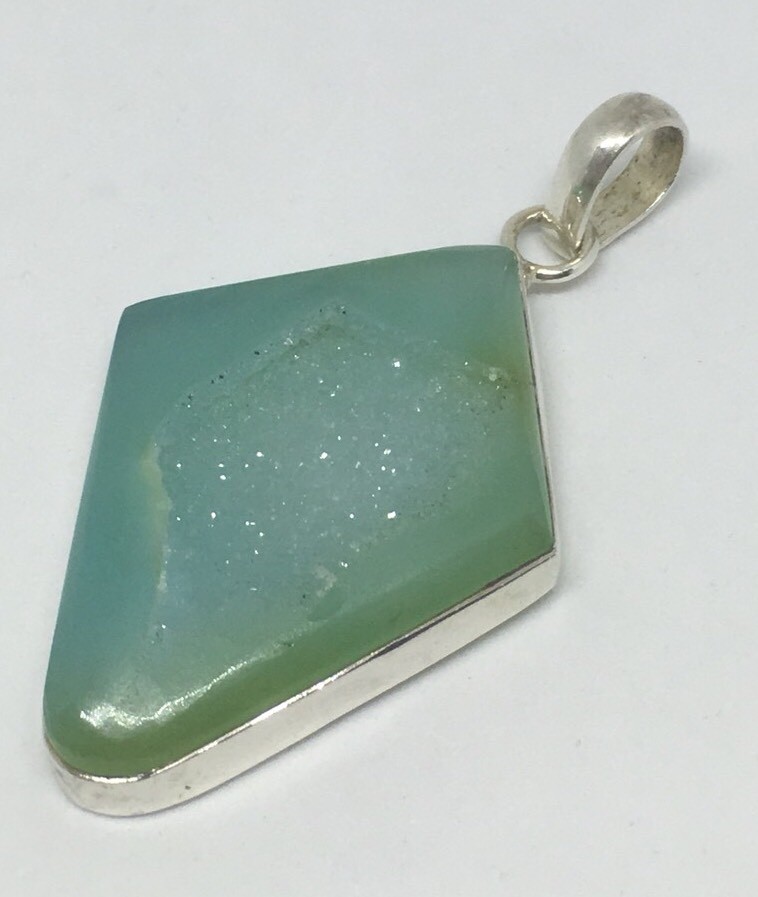 Natural Green Geode Pendant Polished Edges w/ Crystals in Sterling 15.9 grams