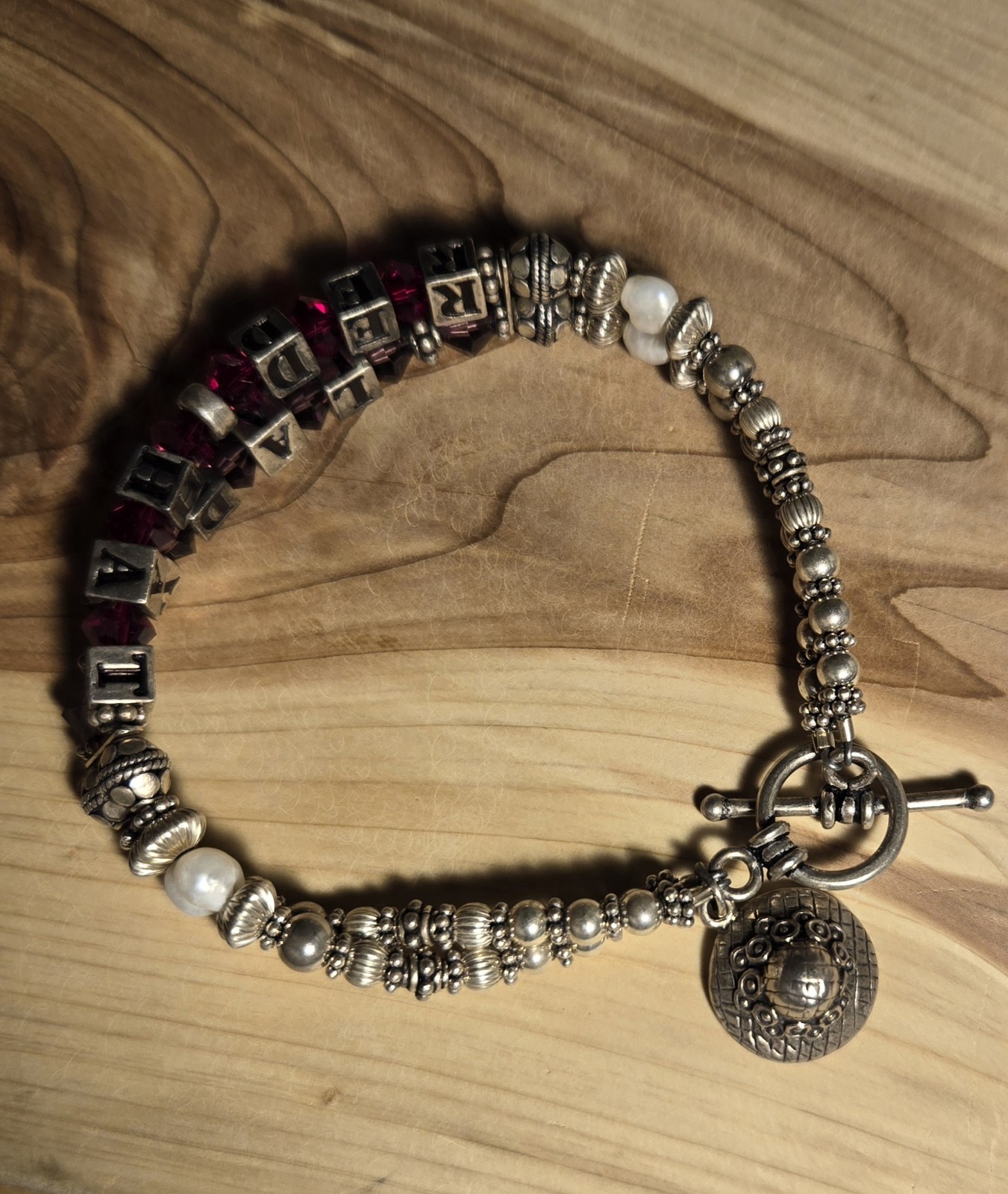 “Red Hat Lady” Personalized Sterling Silver Block & Beaded Bracelet Vintage