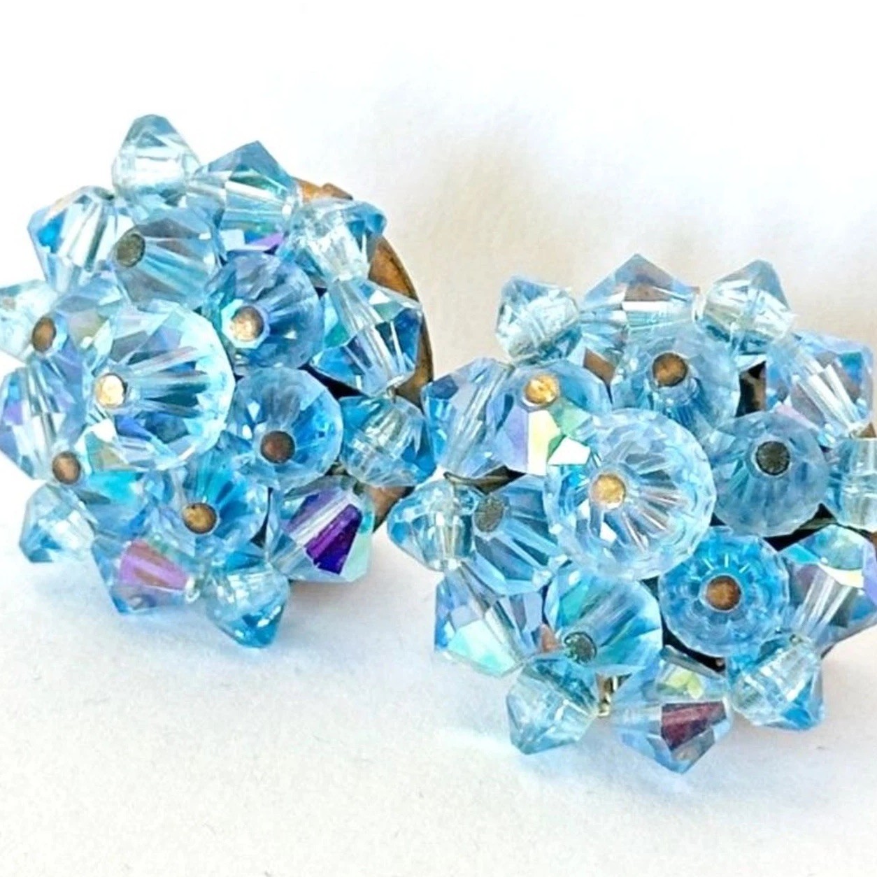 Vintage Earrings Bead Cluster Blue Faceted AB Glass Clip On Bicone Retro