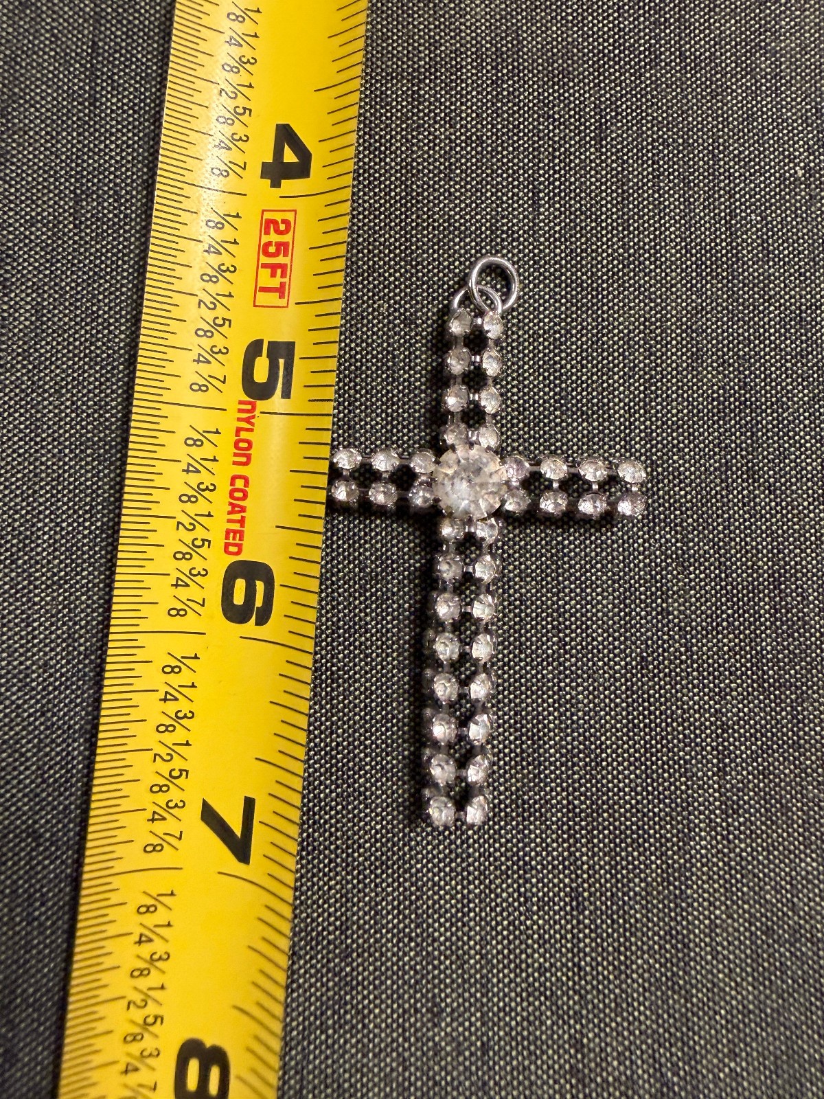 Vintage Metal and White Gem Stone 2″ Cross Pendant Silver Tone