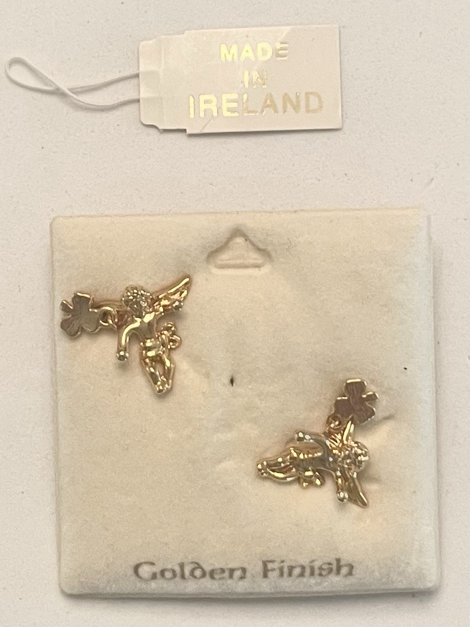Pair of Vintage Sol D’or Golden Finish Cupid Green Enamel Clover Tie Pins ~ NIB