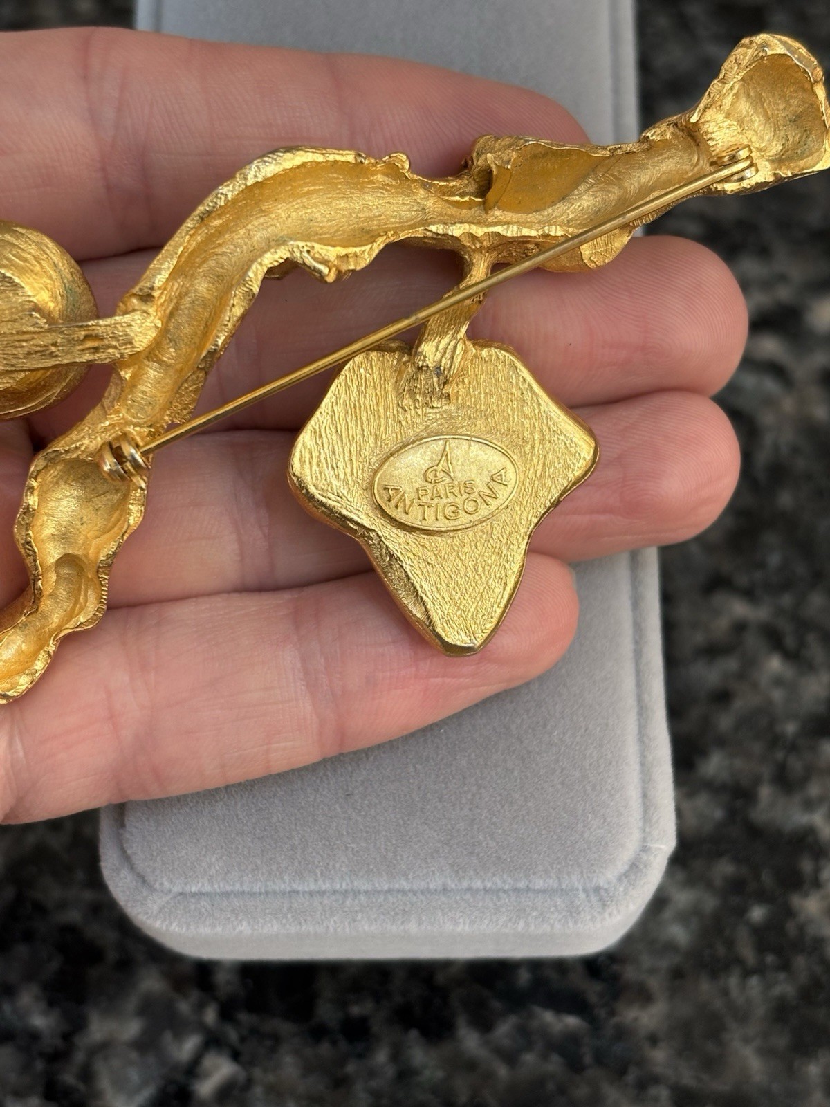 Vintage Antigona Paris Large Gold Plated Tree Branch Leaf Nature Brooch 3.75”