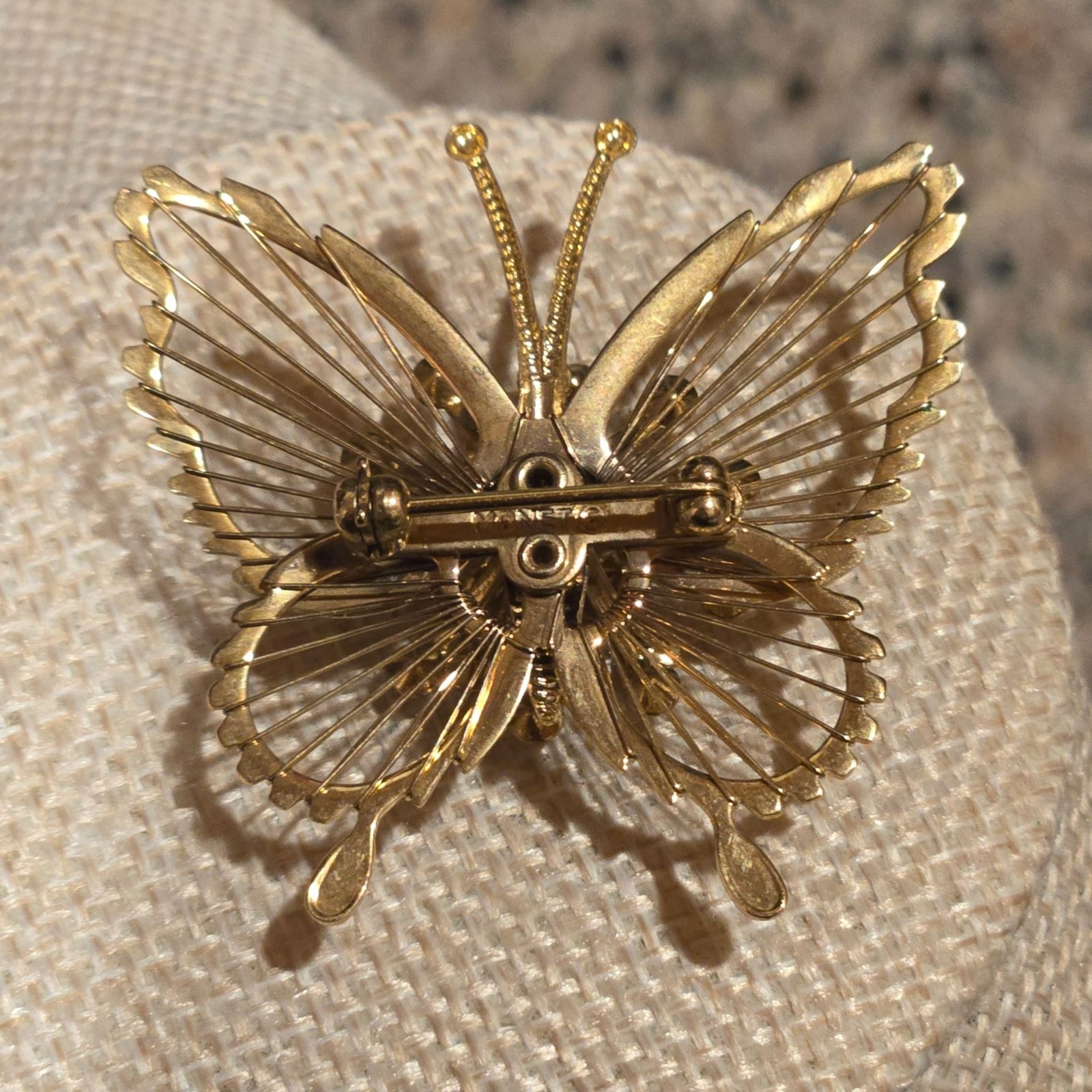 Vintage Monet butterfly brooch intricate wired wings and sparkling rhinestones
