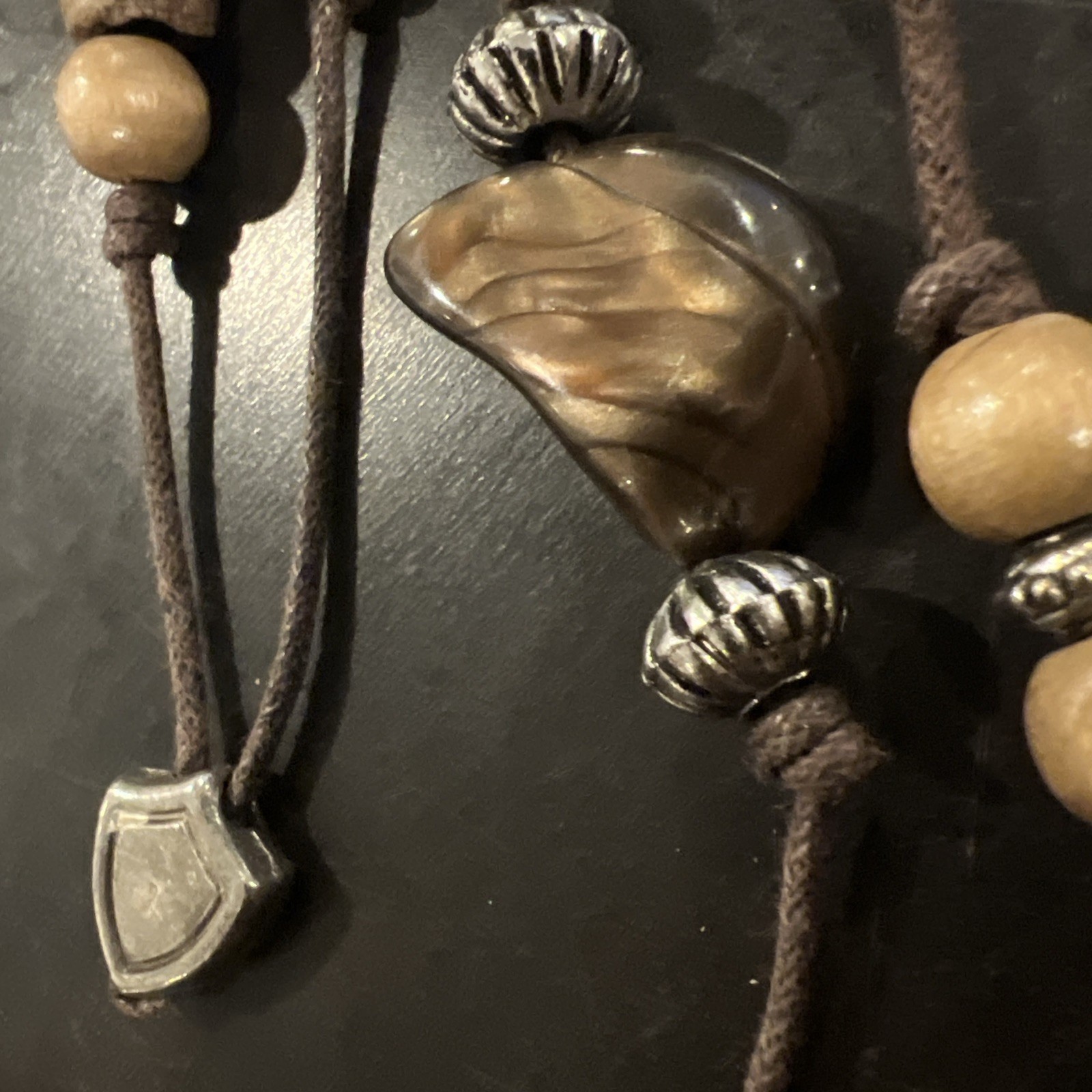 VTG Beaded statement necklace wood silver shell-like beads cord & bracelet Y2K