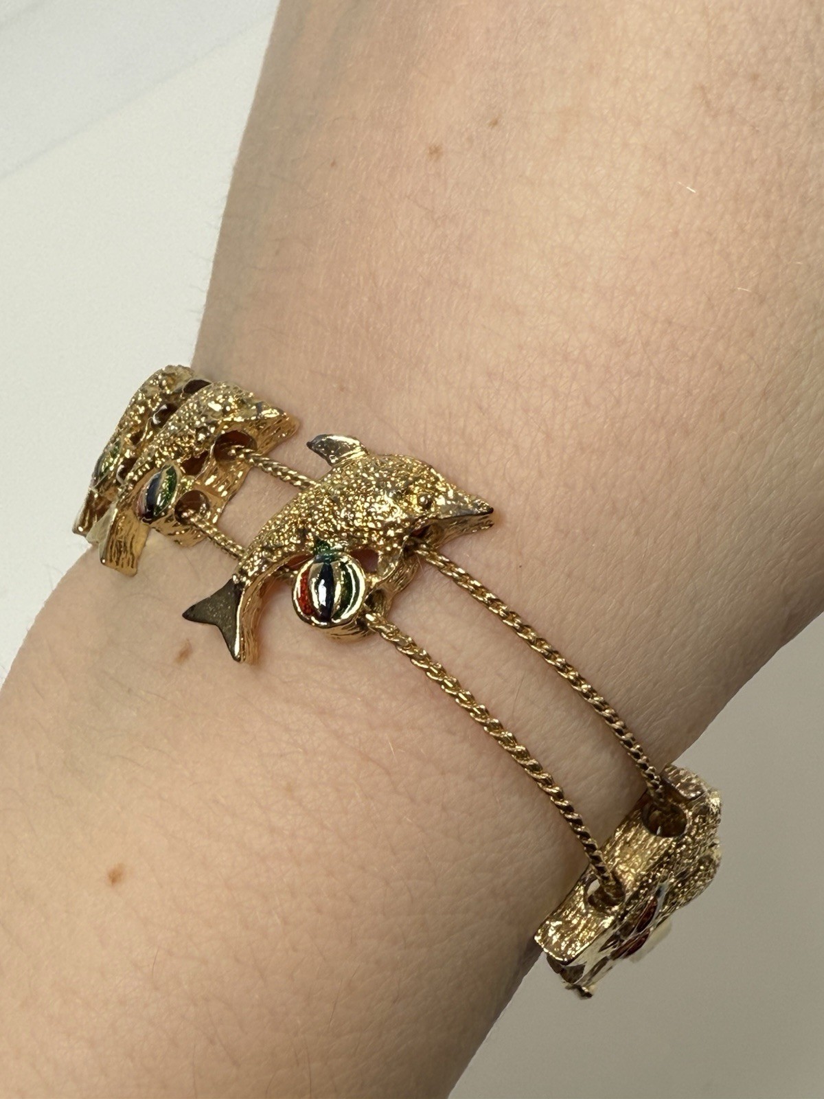 Vintage Gold Tone Dolphin Beach Ball Slider Charm 7.5” Bracelet Slide Charms