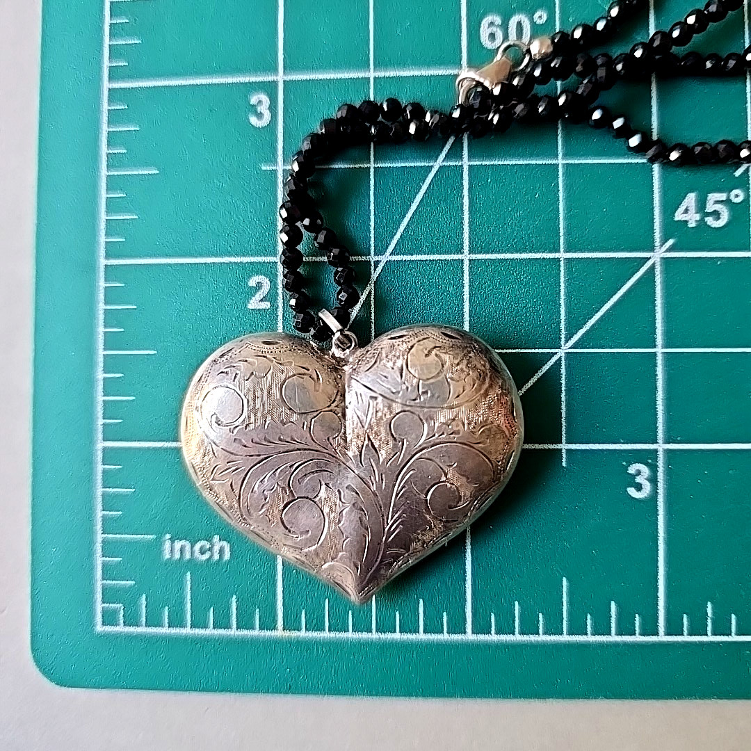 Sterling Silver Puff Heart Pendant Black Glass Sterling Clasp Necklace 18″ L
