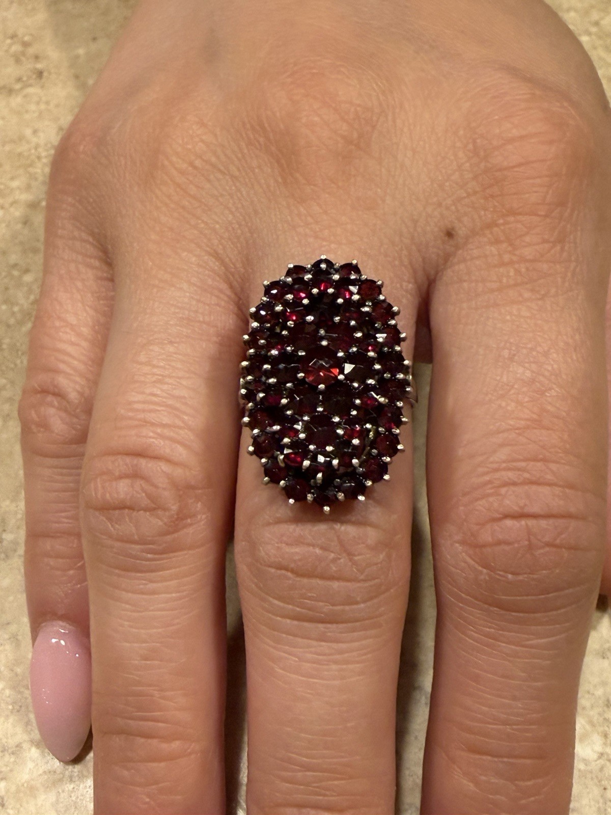Czech Antique Edwardian 900 Silver Bohemian Garnet Tiered Cluster Ring Sz7.25