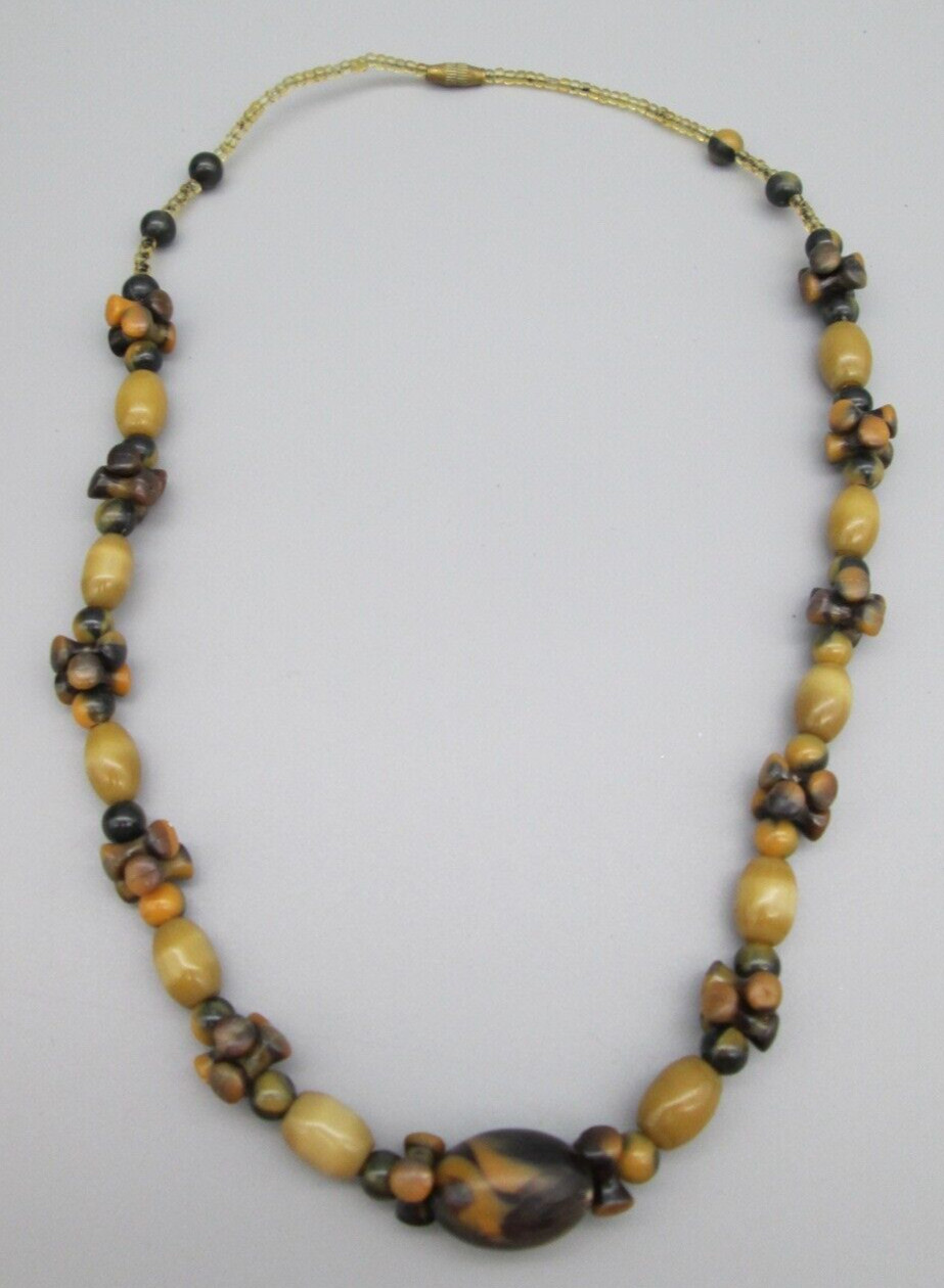 Tortoise Shell Print Acrylic Bead Artisan Made 17″ Necklace Vintage Estate 70’s