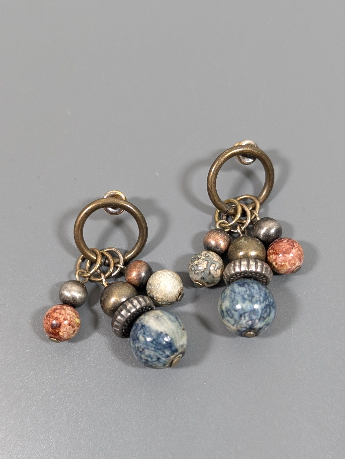 Bronze Tone Blue Bead Cluster Dangle Earrings Tribal Boho Western Retro