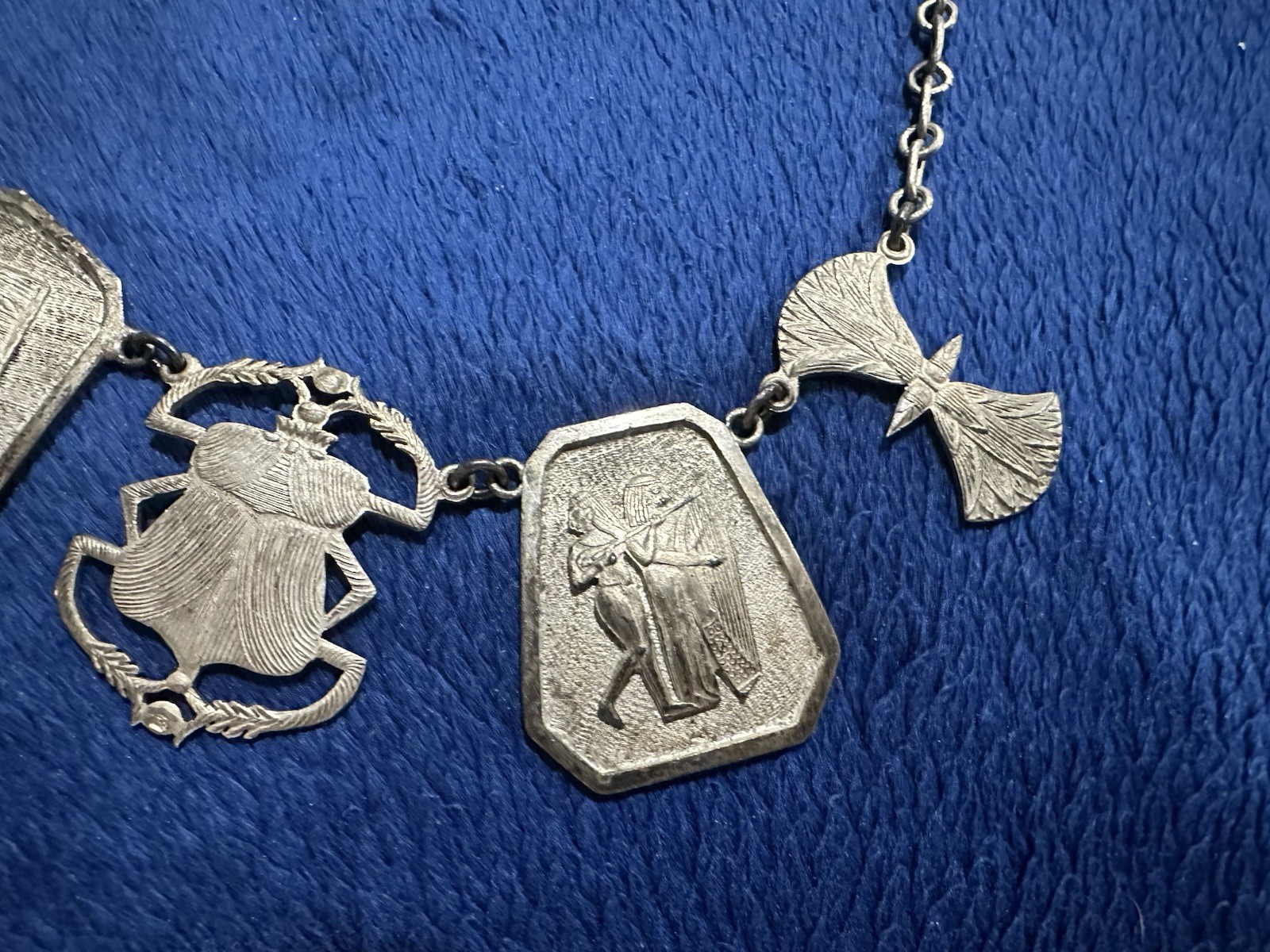Vintage 900 Silver Egyptian Revival Panel Choker Necklace, 16.5in Long