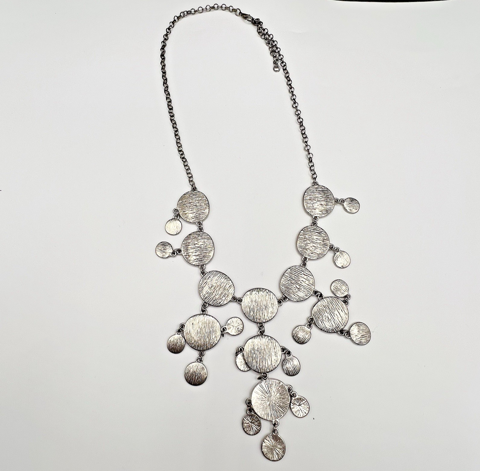 Vintage Brutalist Bib Necklace Silver Tone Disc Fringe Statement Adjustable