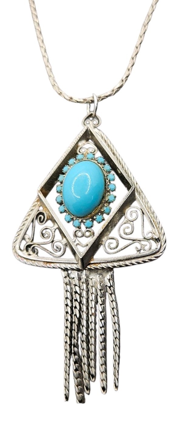 VTG Silver Tone Turquoise Color Large Pendant Wheat Chain Necklace Southwest 16″