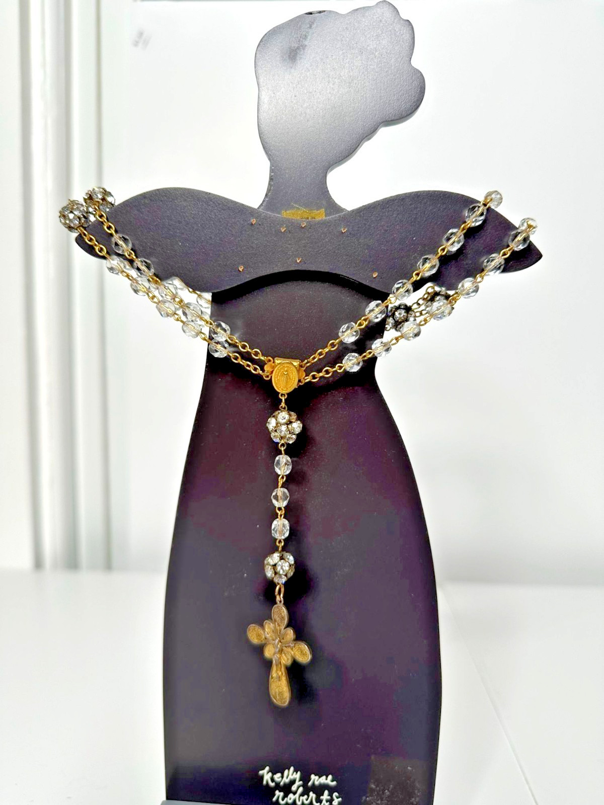 VTG Double Strand Crystal Bead Rosary Bracelet Necklace Cross Pendant Gold Tone