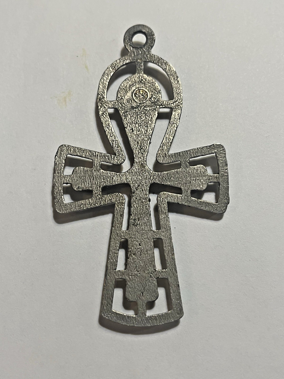 Vintage Egyptian Ankh Cross Pendant Pewter Gold Tone Inlay Symbol of Life