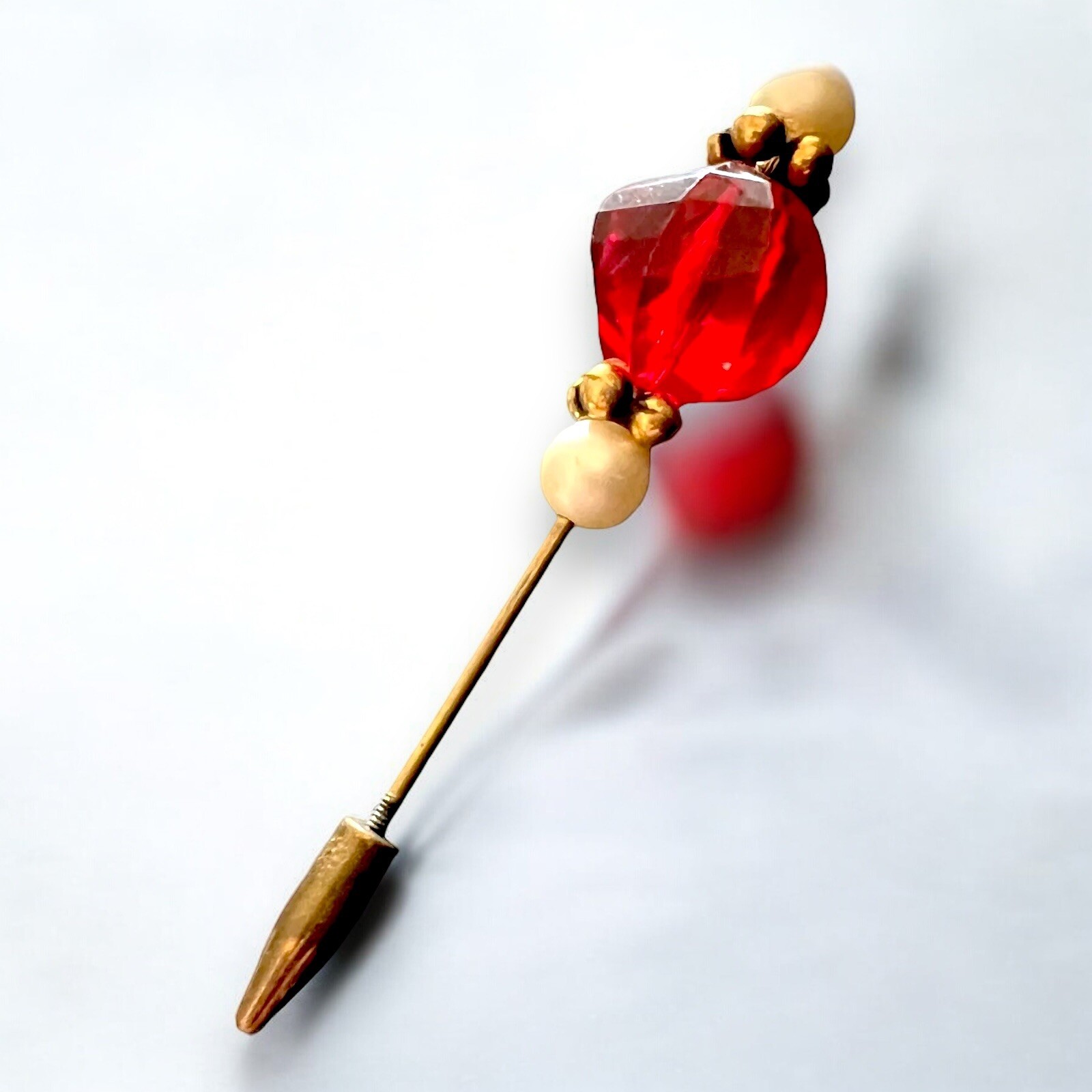 Red Lucite Hat Pin Gold Tone Pearl Art Deco Hat Accessory Vintage Screw Base