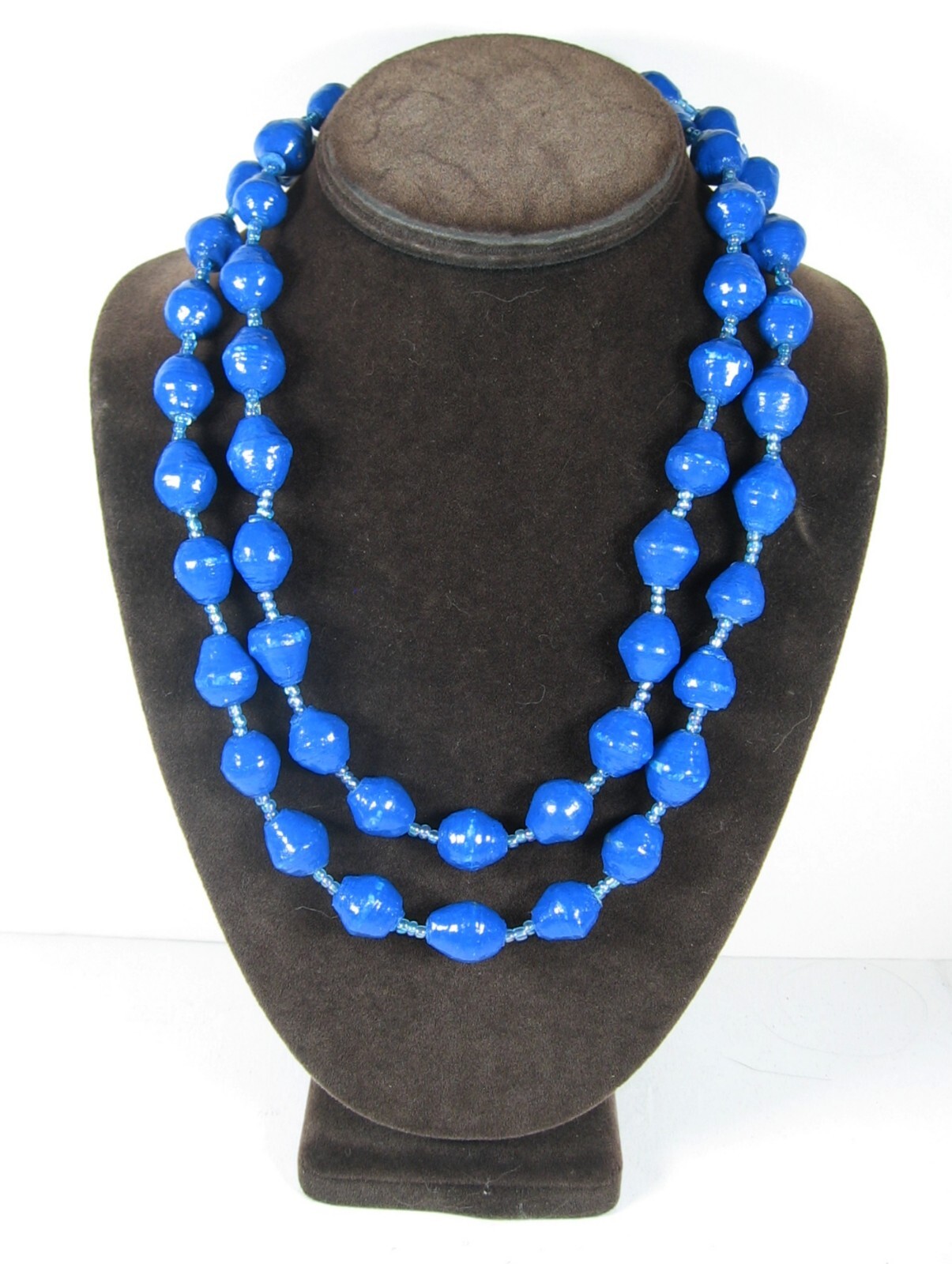 ODD BRIGHT BLUE BEADS Vintage Handcrafted Coated Bicone Beaded Necklace 44″