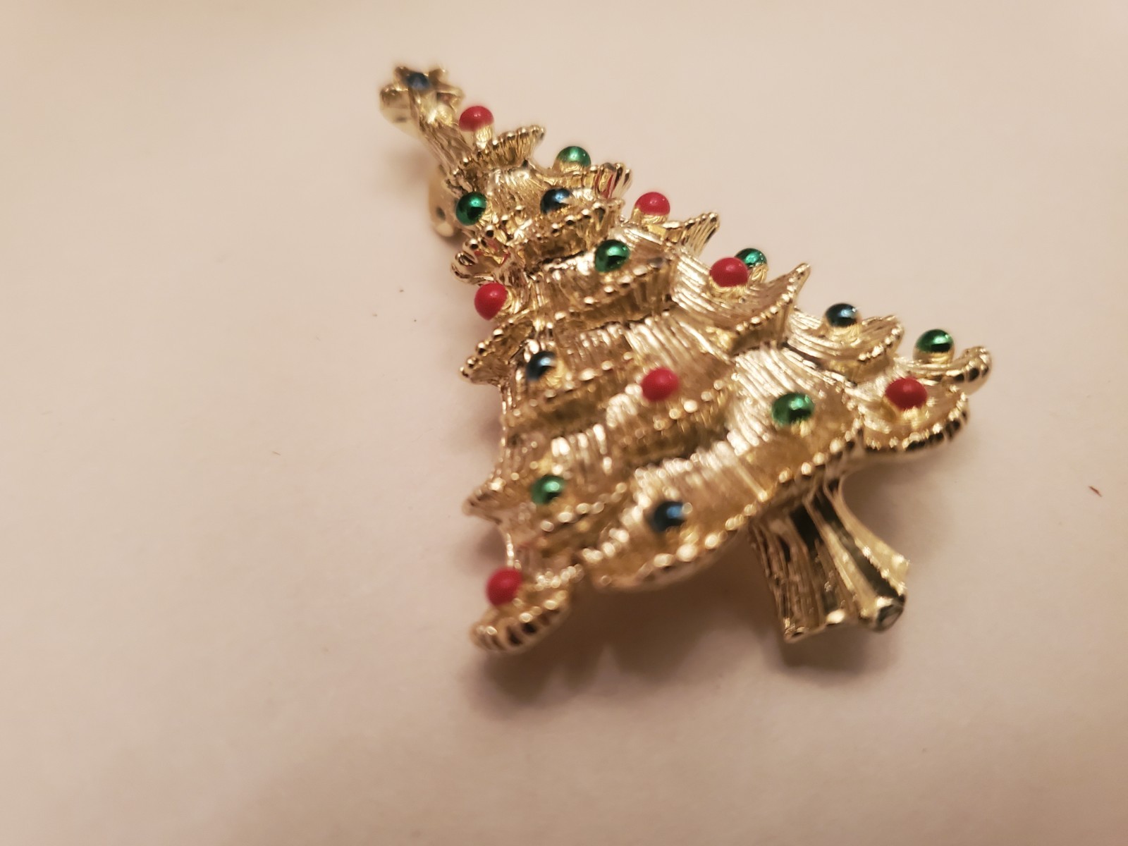 Vintage Holiday Brooch Features Tiered Gold-Tone Branches Decorated With Red And