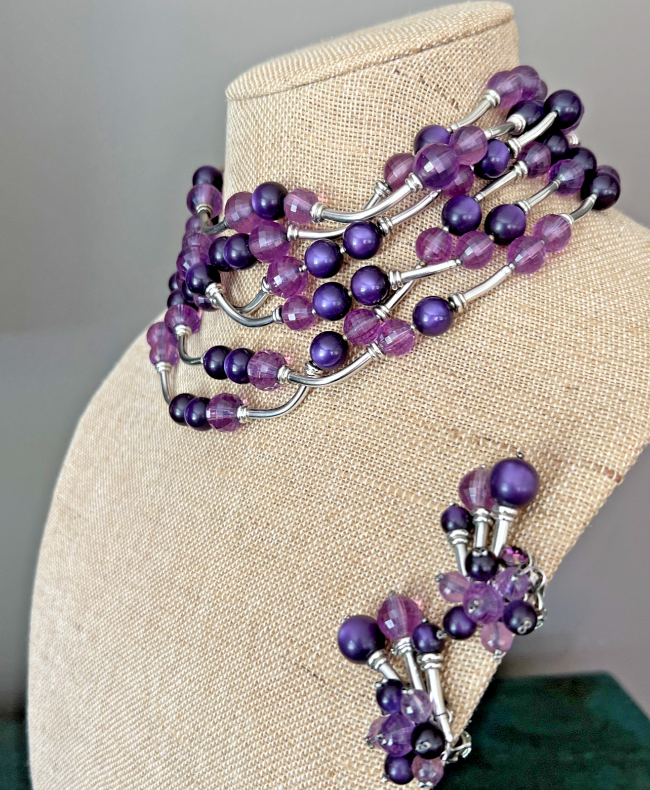 Vintage SIGNED DEMARIO AMETHYST & SILVER BEAD NECKLACE & EARRING SET / 6 STRAND