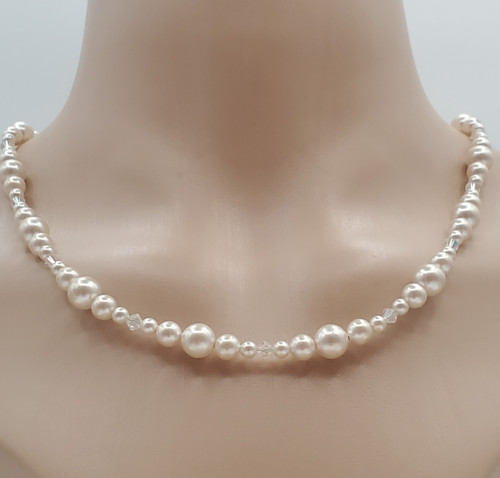 VTG 925 Faux Pearl Bicone Crystal Necklace 18in Sterling Silver 24gtw Estate
