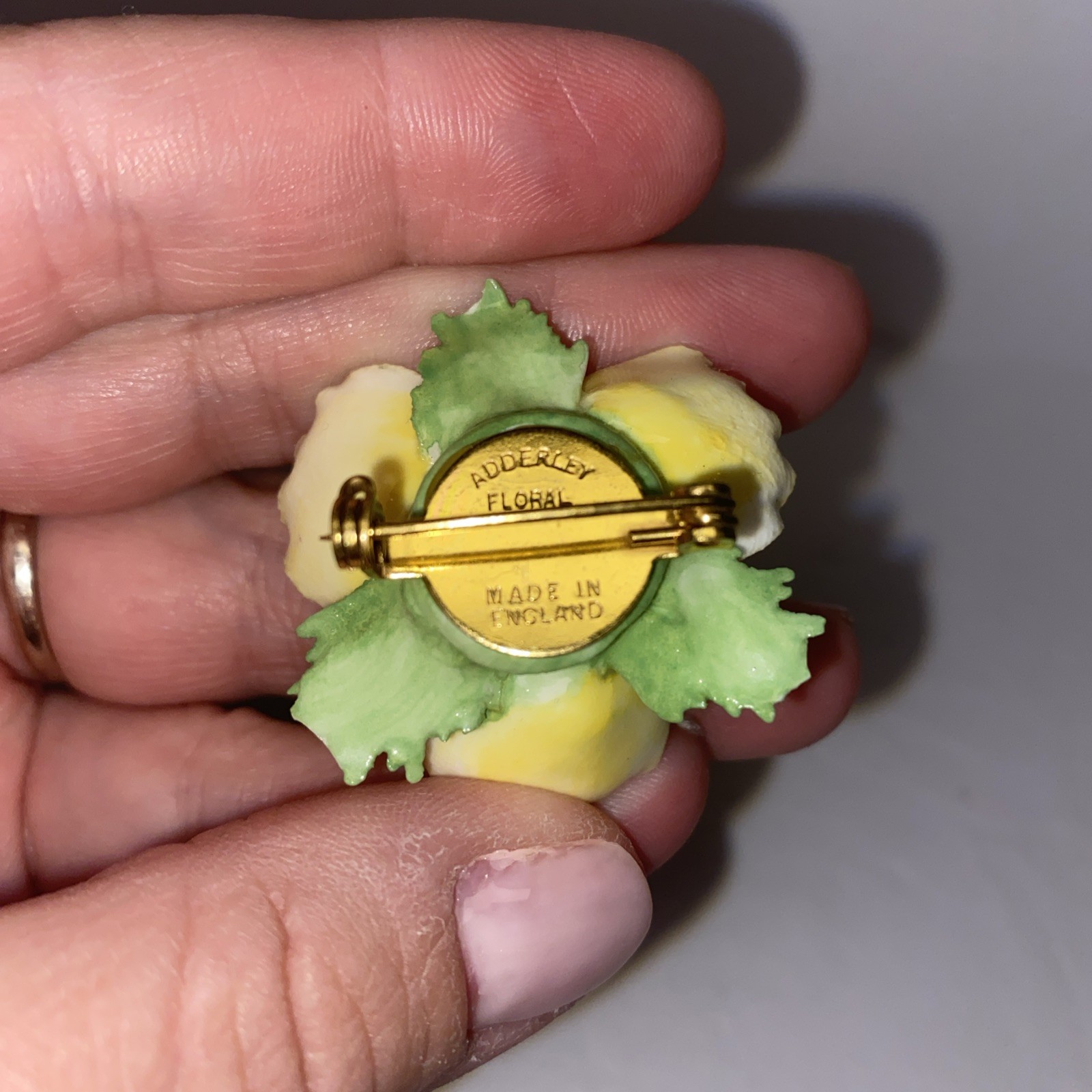 Robert Adderley Bone china Yellow Poppy flower brooch, Made in England VTG