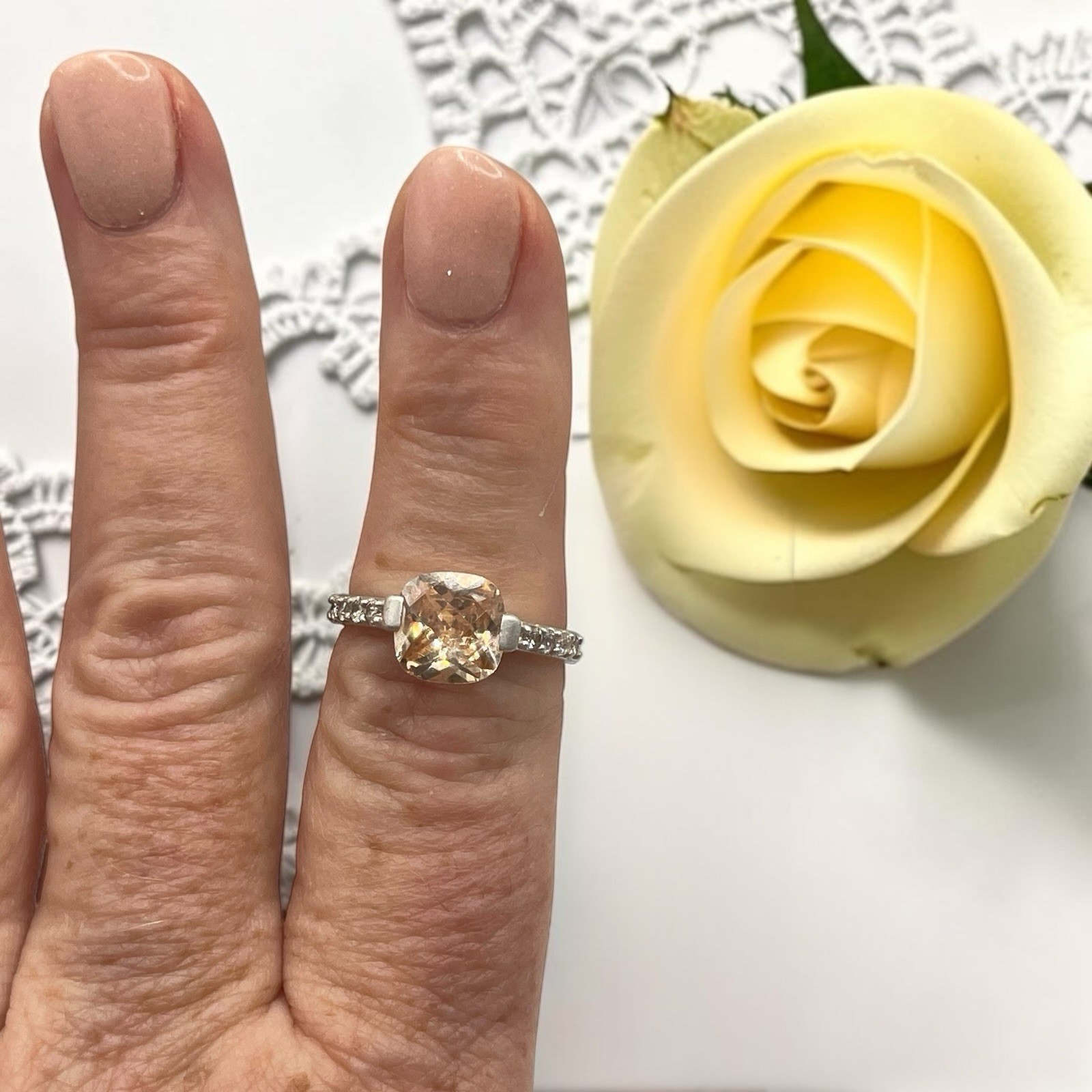 Pale Yellow Citrine CZ w/ Accents 925 Sterling Silver Cocktail Ring, size 8.25