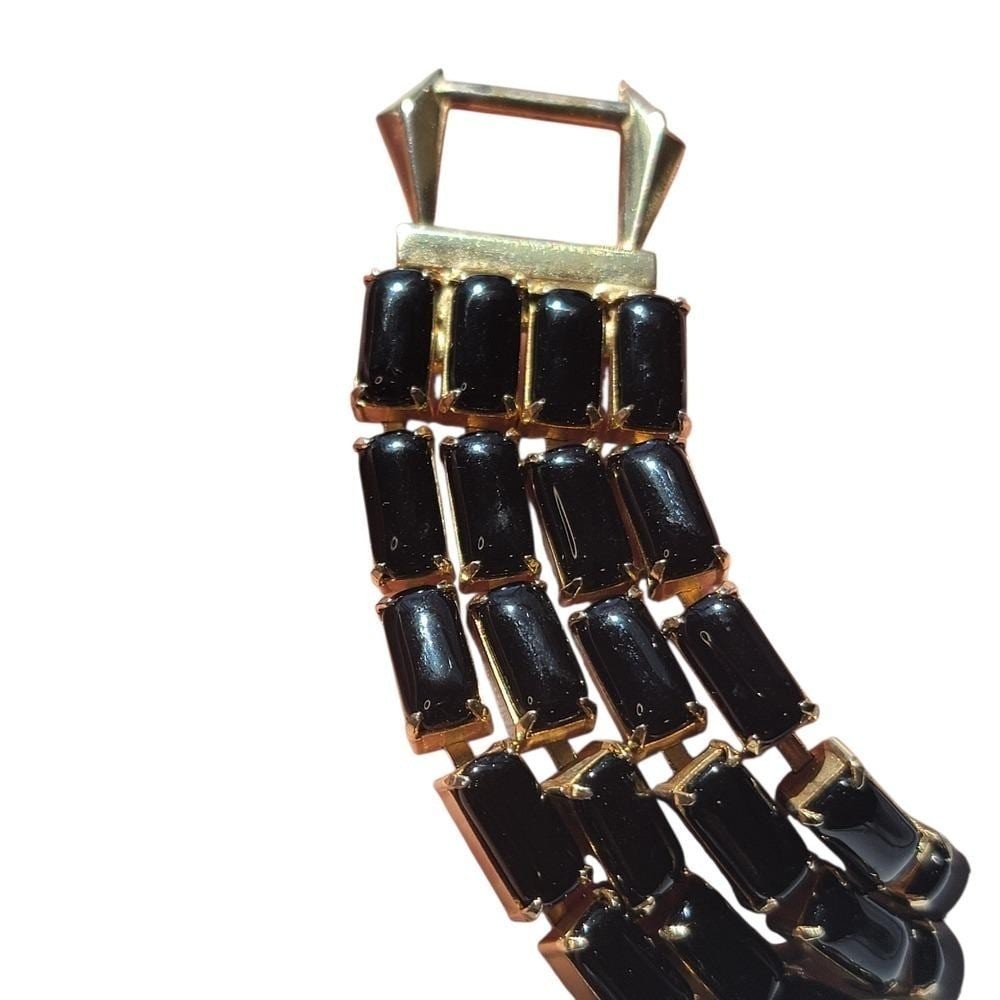 Vintage Black Glass Panel Bracelet Gold Tone Retro Mid Century Costume Jewelry