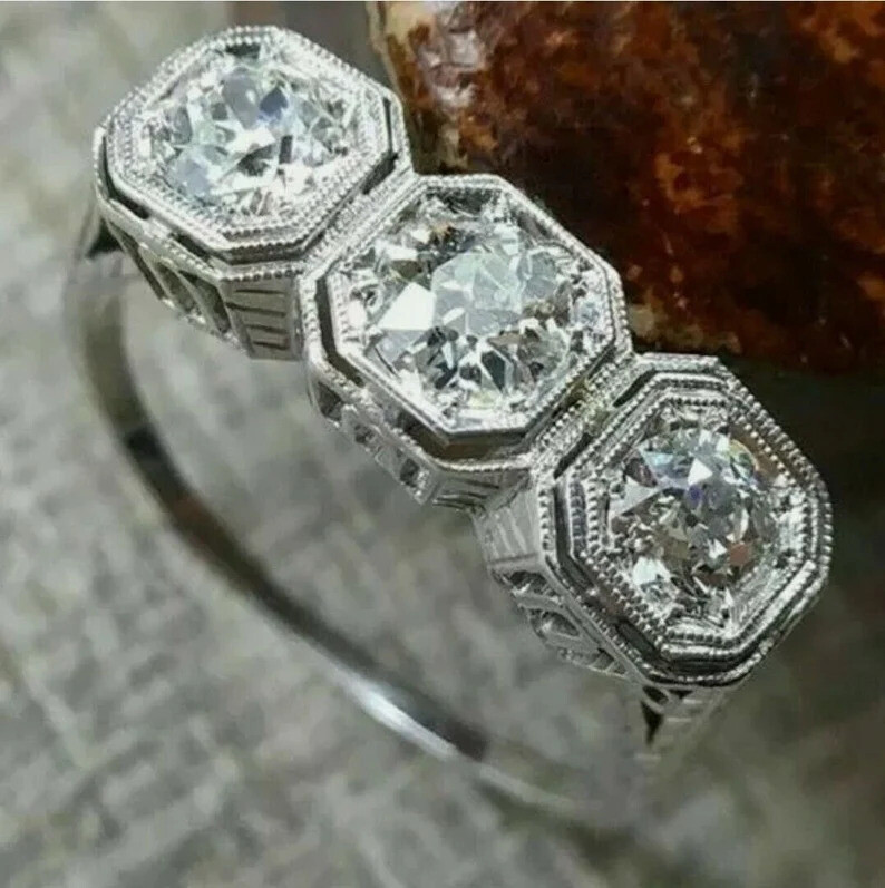 1 CTW White Round Cut CZ Three Stone Antique Style Art Deco Ring In 925 Silver